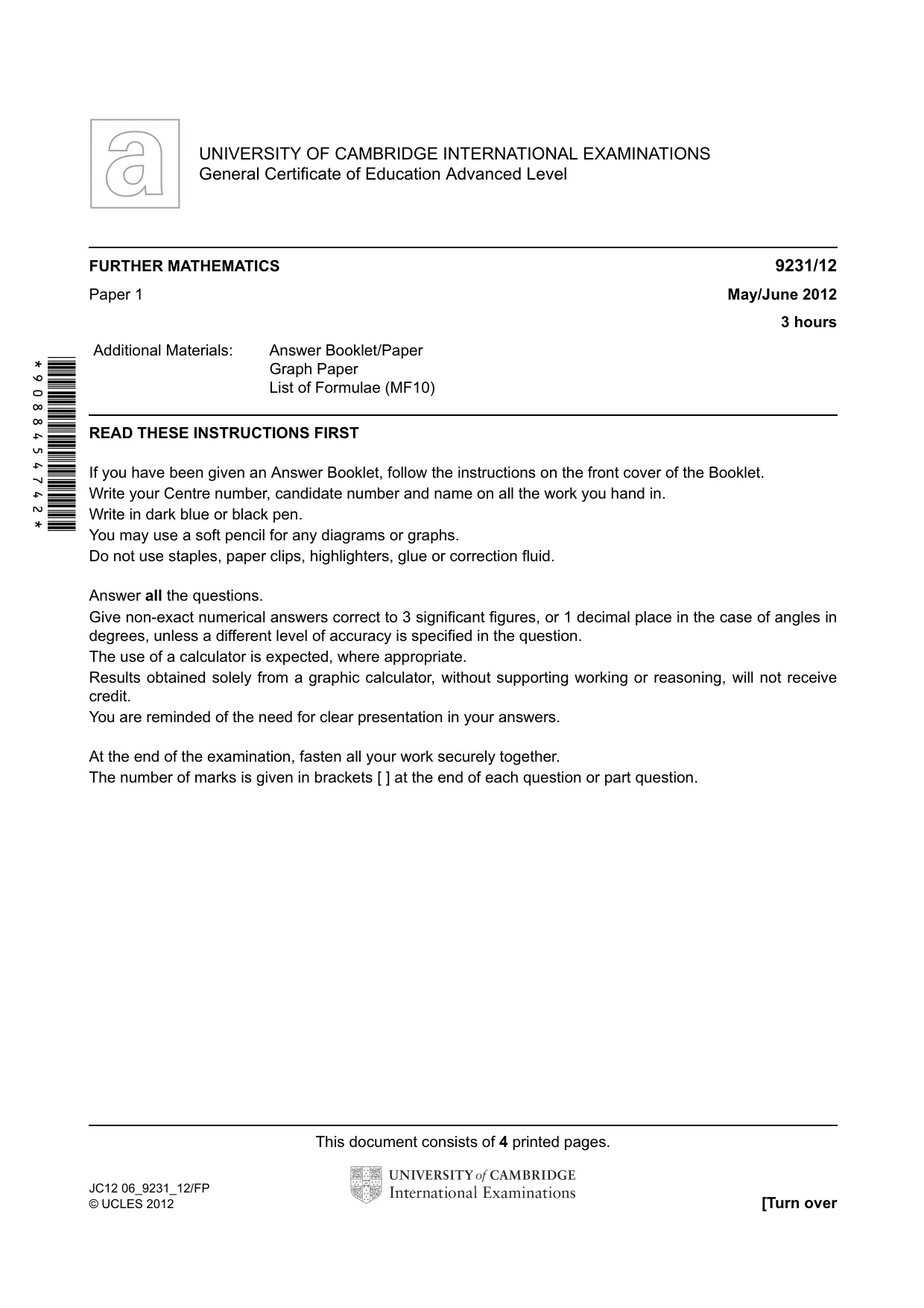 Cambridge A Level Mathematics - Further 9231 2012 May/June Paper 1 · Variant 2 question paper, page 1 of 4