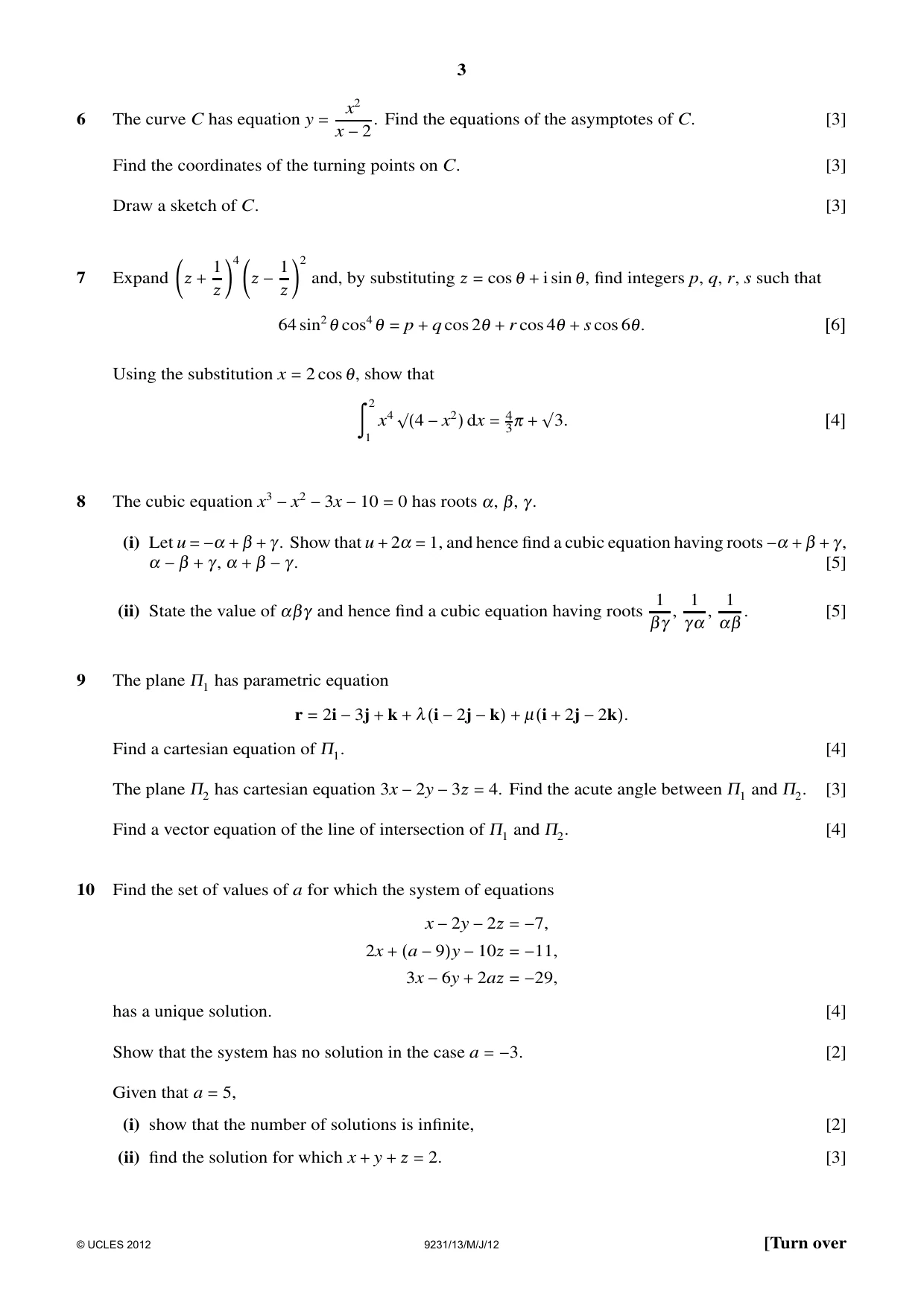 Cambridge A Level Mathematics - Further 9231 2012 May/June Paper 1 · Variant 3 question paper, page 3 of 4