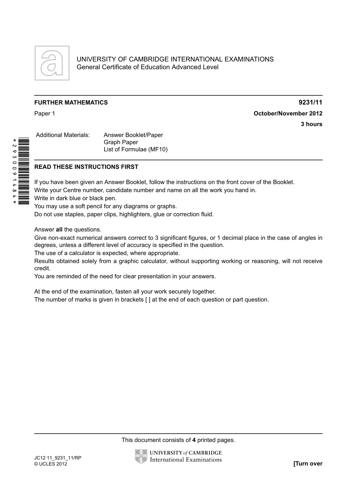 Cambridge A Level Mathematics - Further 9231 2012 Oct/Nov Paper 1 · Variant 1 question paper, page 1 of 4