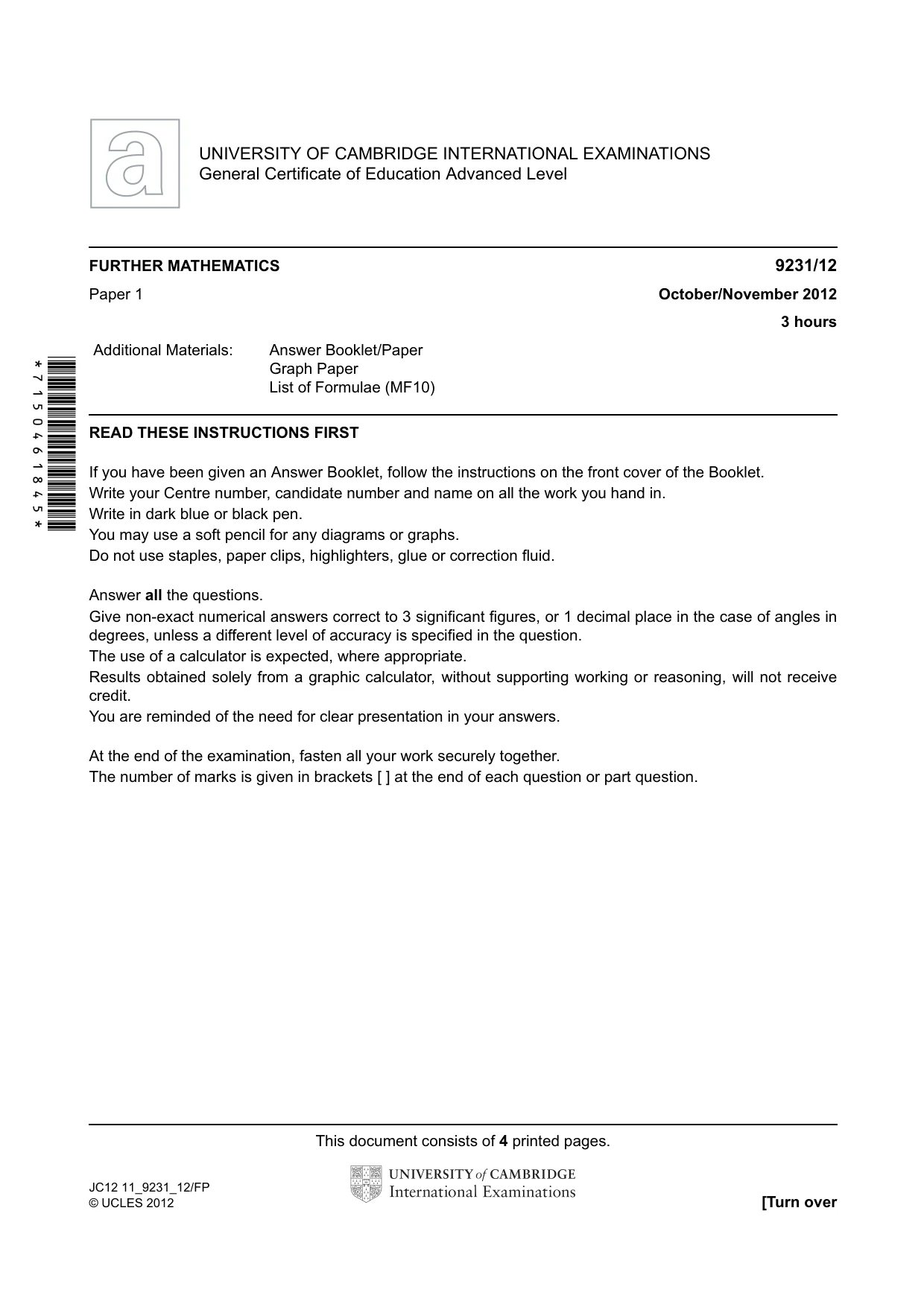 Cambridge A Level Mathematics - Further 9231 2012 Oct/Nov Paper 1 · Variant 2 question paper, page 1 of 4