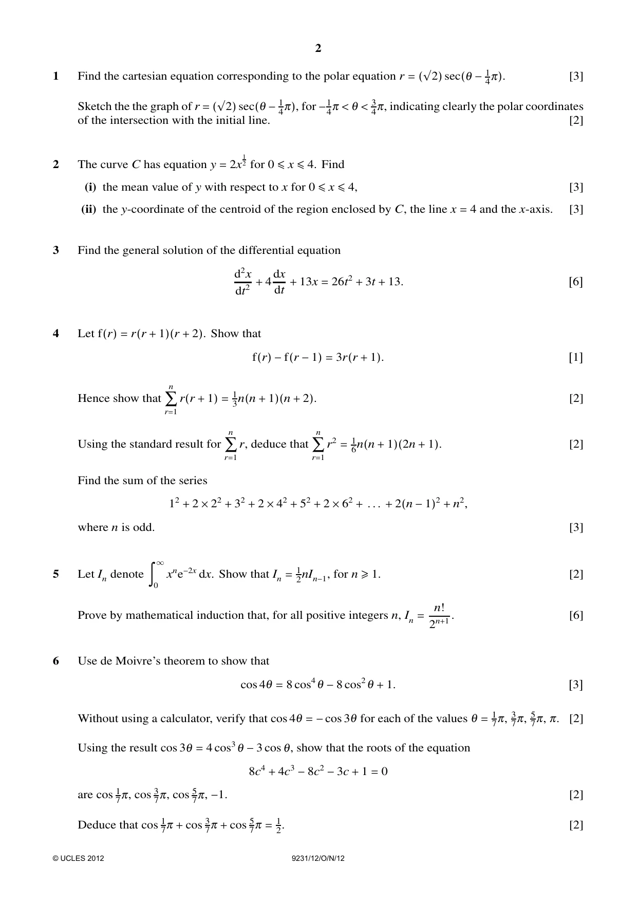 Cambridge A Level Mathematics - Further 9231 2012 Oct/Nov Paper 1 · Variant 2 question paper, page 2 of 4
