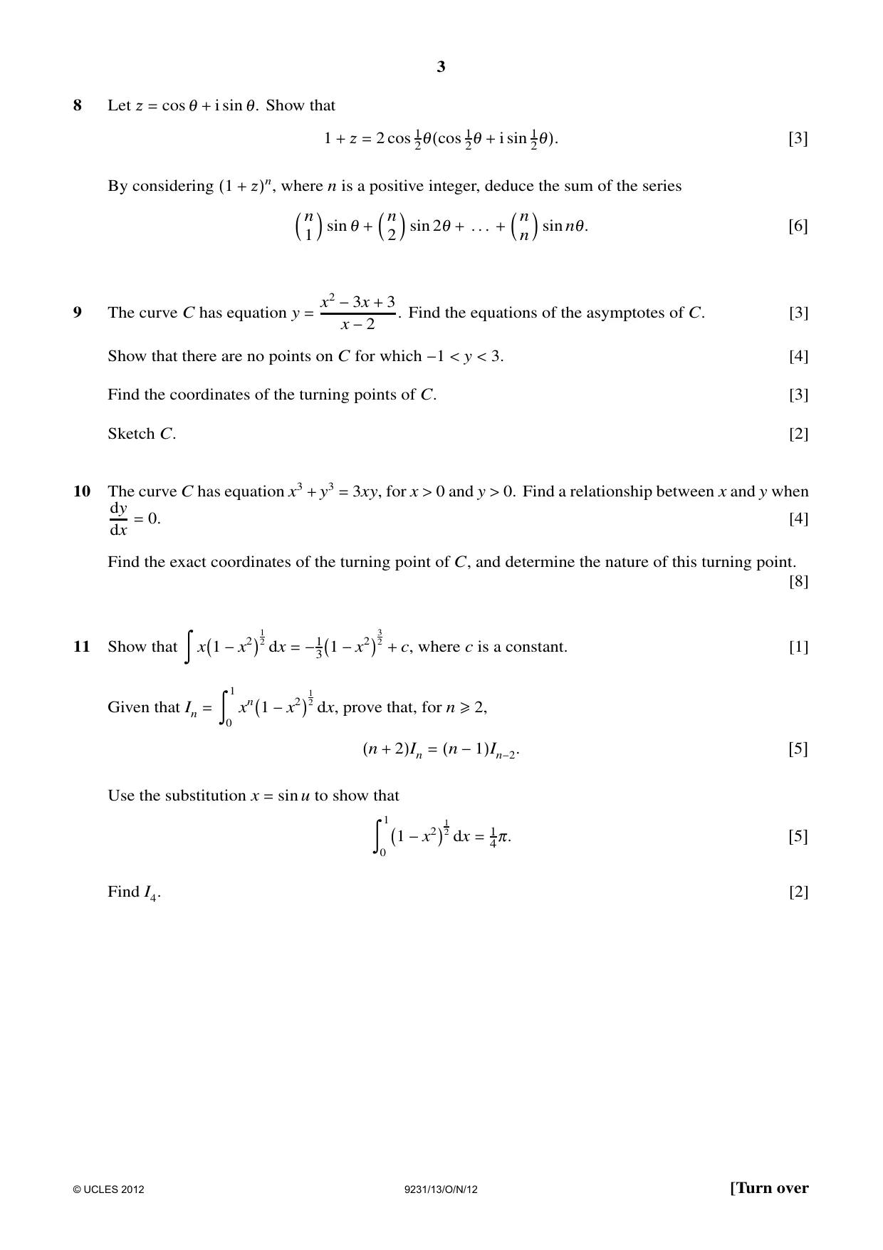 Cambridge A Level Mathematics - Further 9231 2012 Oct/Nov Paper 1 · Variant 3 question paper, page 3 of 4