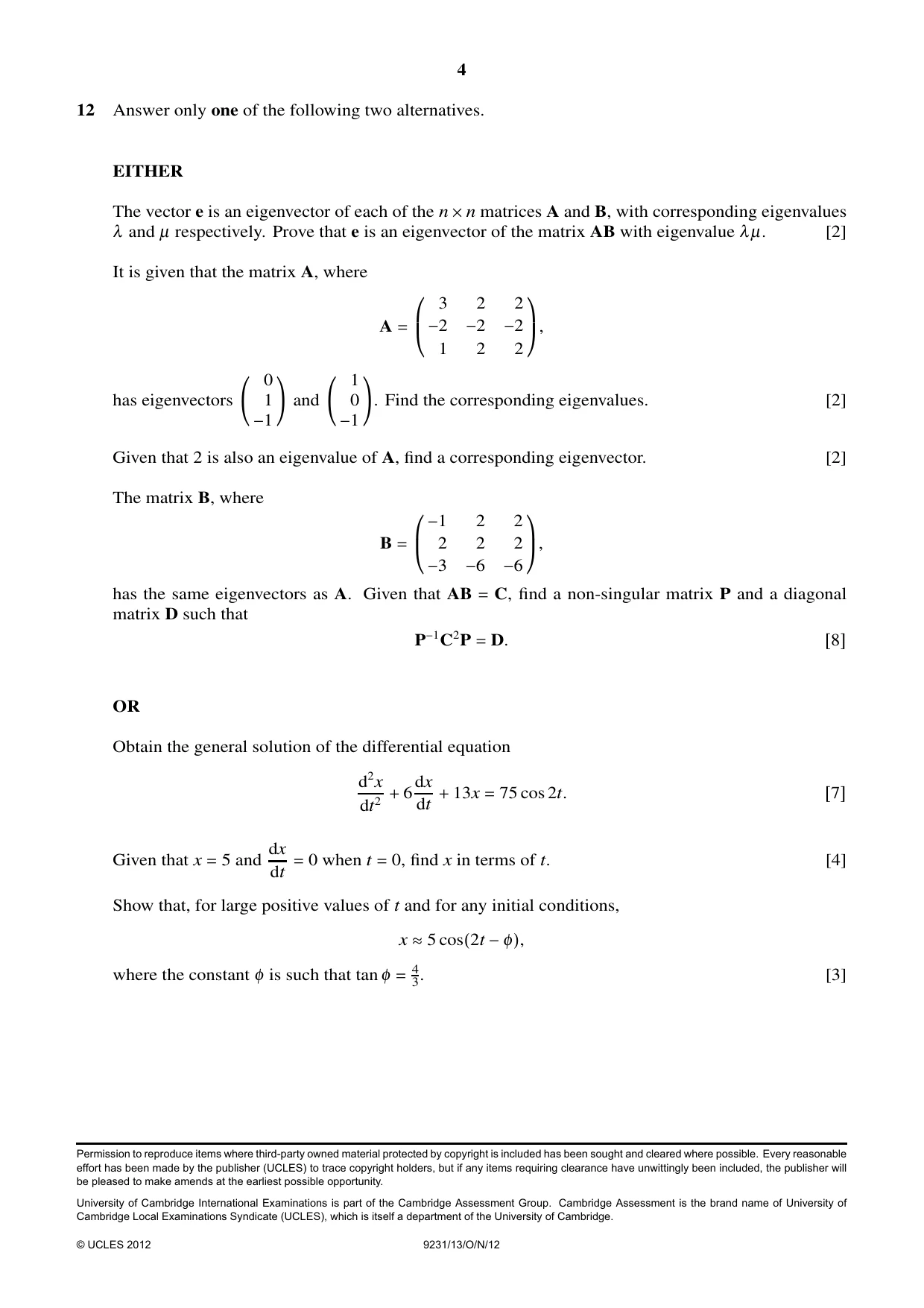 Cambridge A Level Mathematics - Further 9231 2012 Oct/Nov Paper 1 · Variant 3 question paper, page 4 of 4