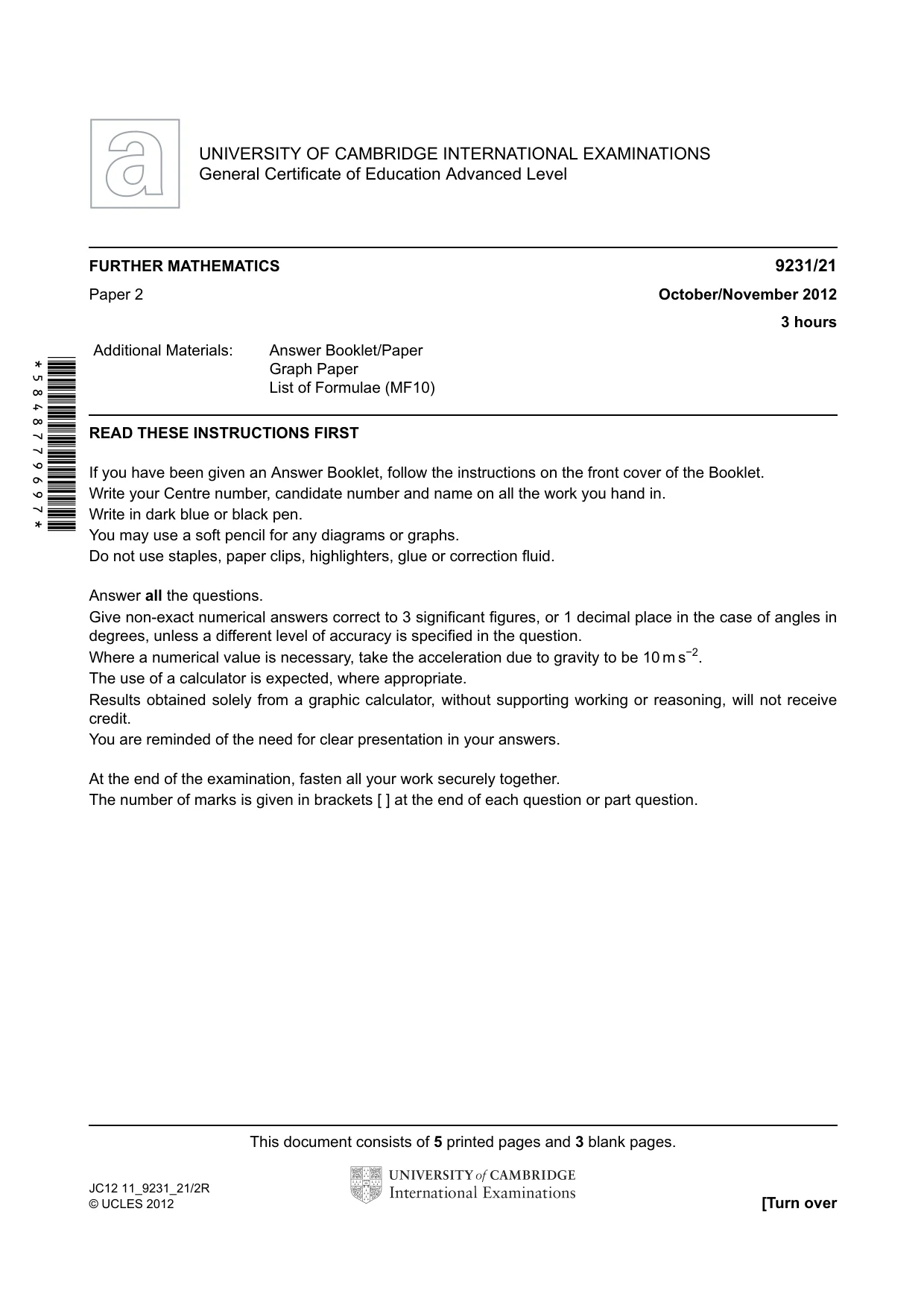 Cambridge A Level Mathematics - Further 9231 2012 Oct/Nov Paper 2 · Variant 1 question paper, page 1 of 8