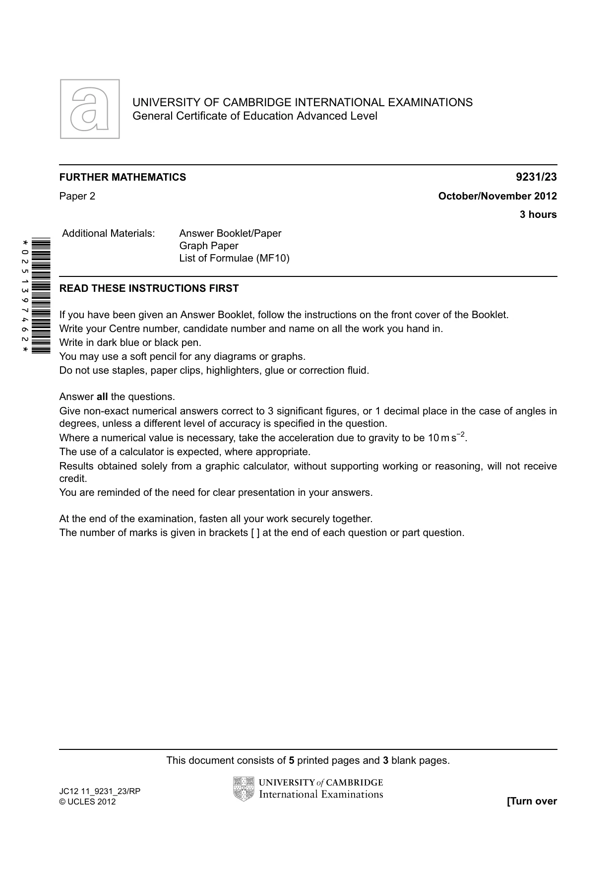 Cambridge A Level Mathematics - Further 9231 2012 Oct/Nov Paper 2 · Variant 3 question paper, page 1 of 8