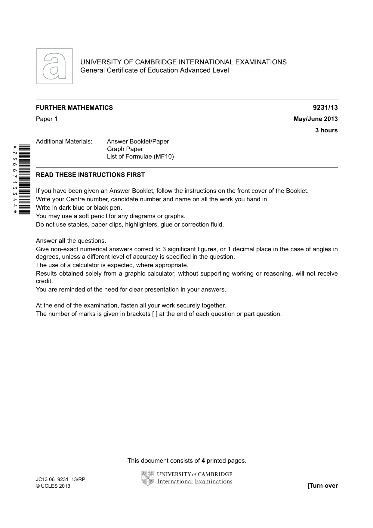 Cambridge A Level Mathematics - Further 9231 2013 May/June Paper 1 · Variant 3 question paper, page 1 of 4