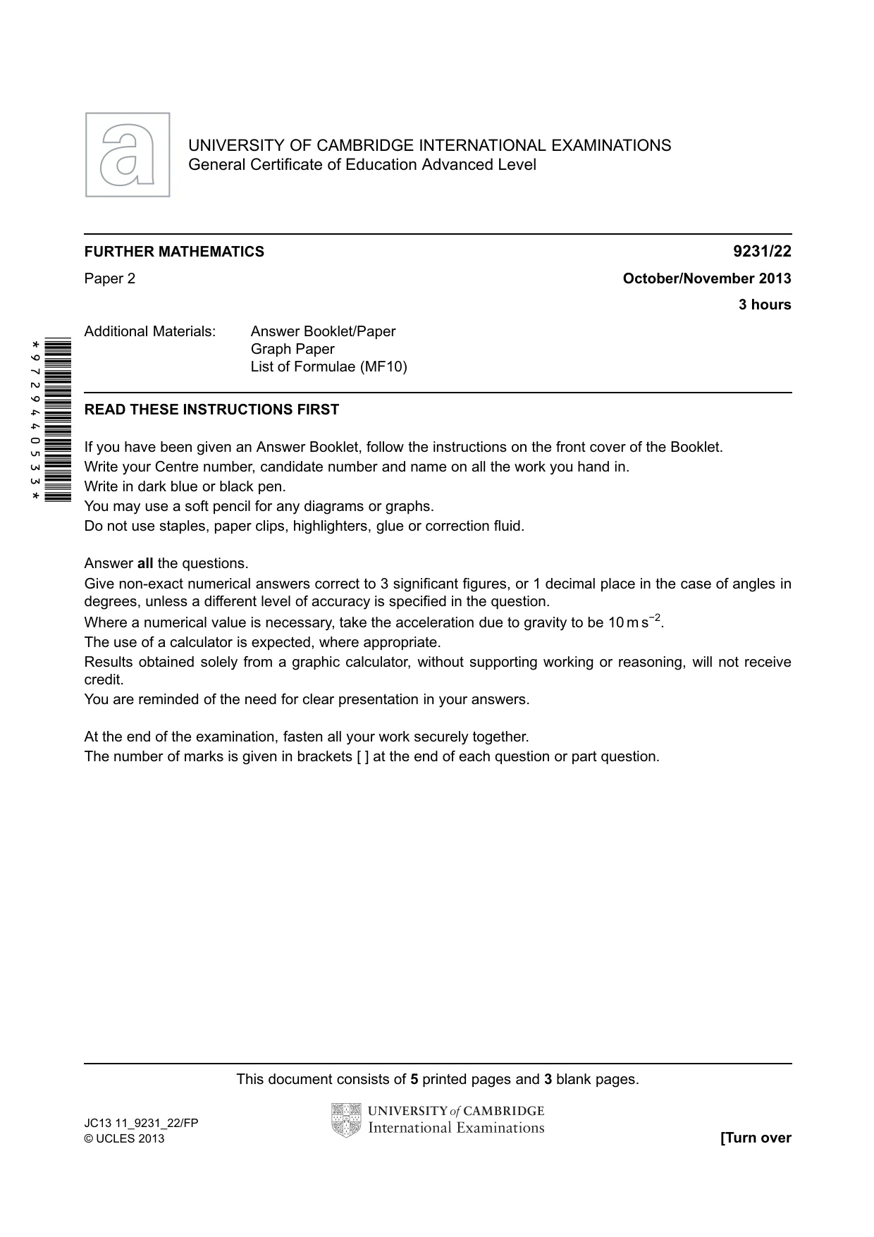 Cambridge A Level Mathematics - Further 9231 2013 Oct/Nov Paper 2 · Variant 2 question paper, page 1 of 8