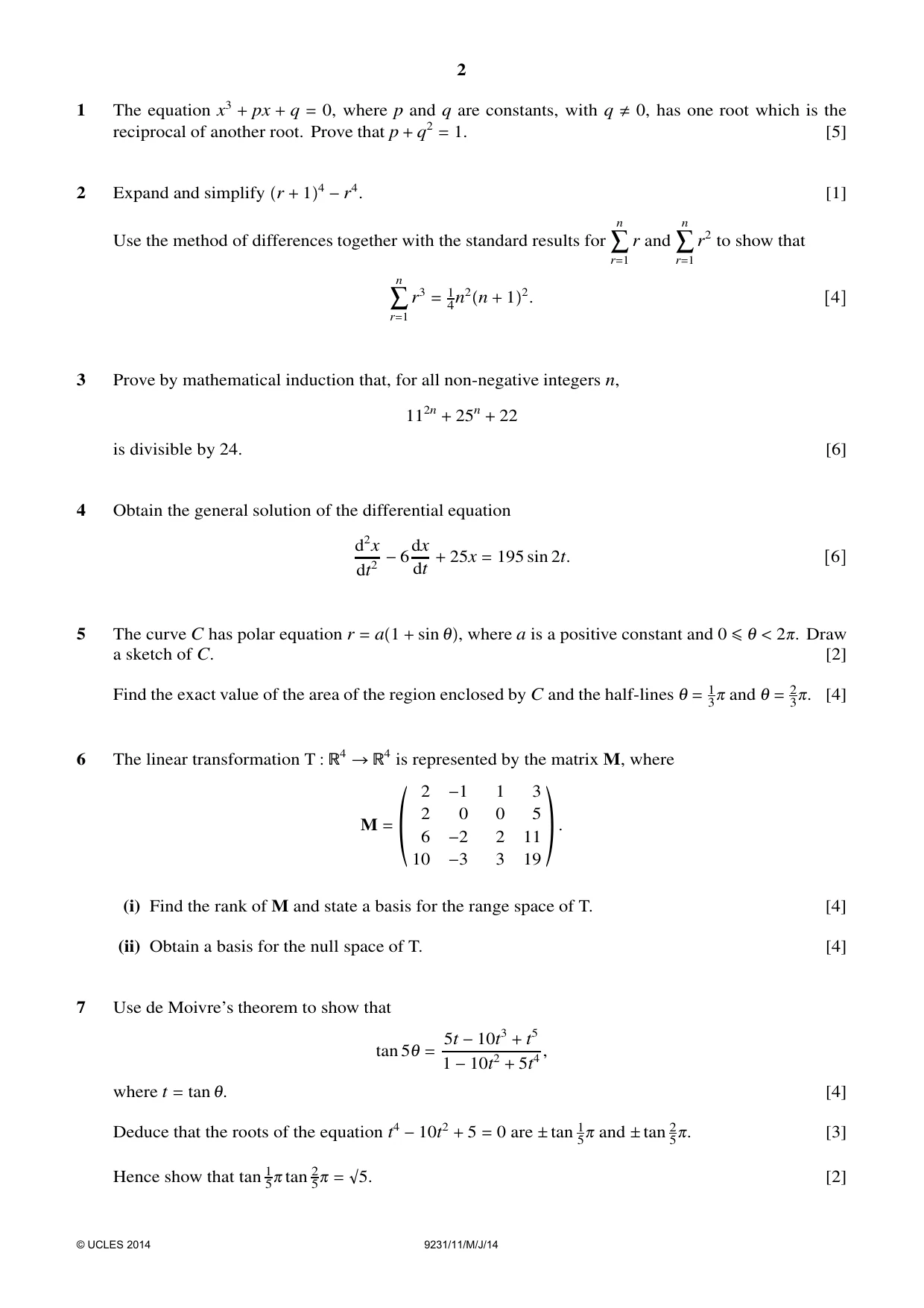 Cambridge A Level Mathematics - Further 9231 2014 May/June Paper 1 · Variant 1 question paper, page 2 of 4
