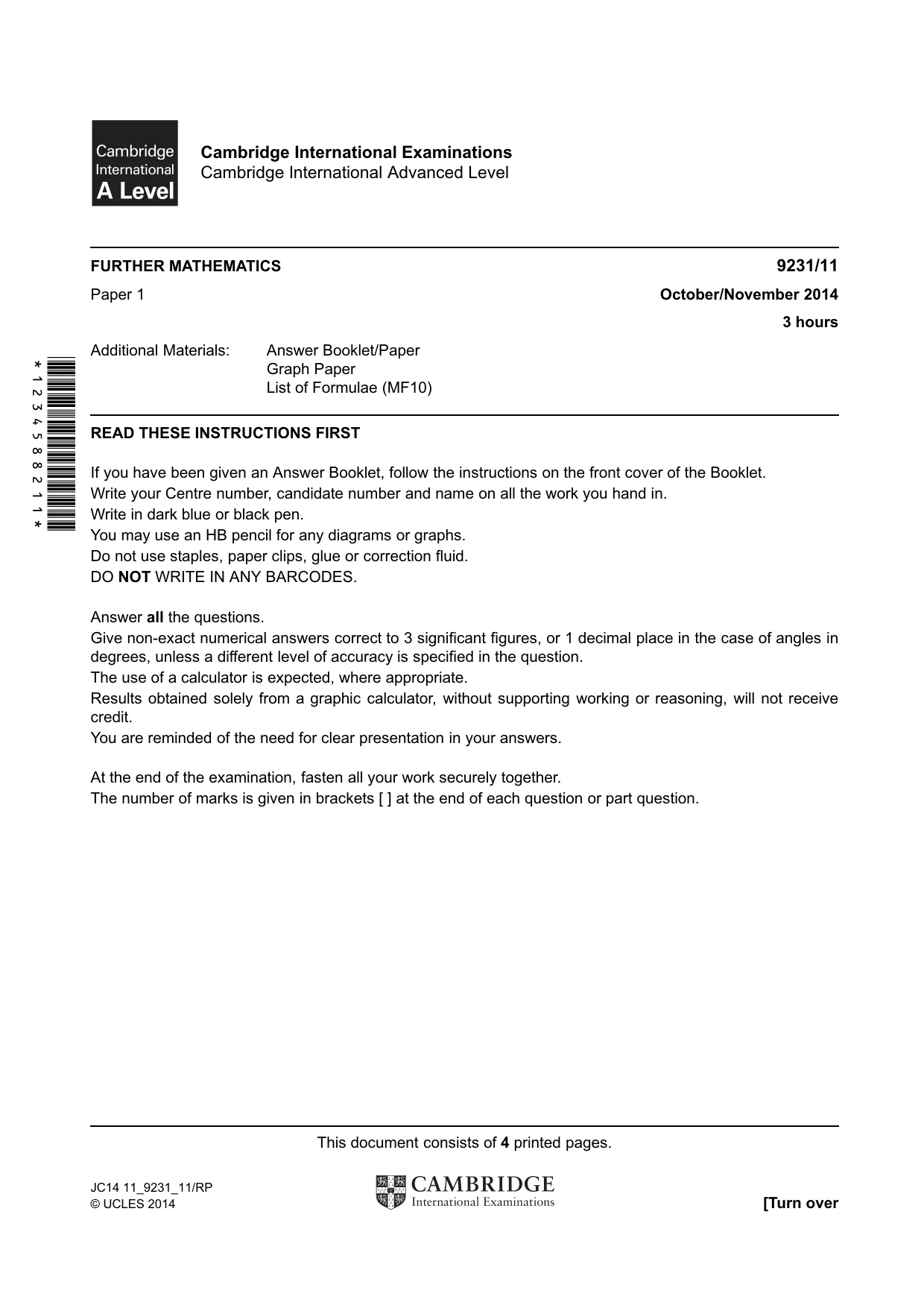 Cambridge A Level Mathematics - Further 9231 2014 Oct/Nov Paper 1 · Variant 1 question paper, page 1 of 4