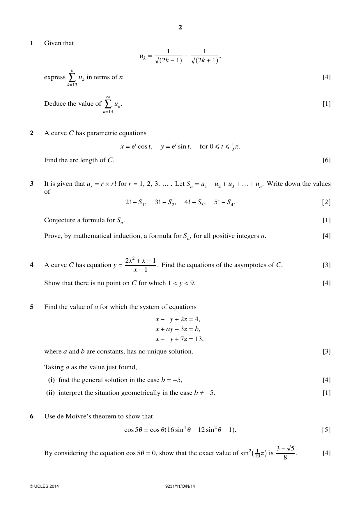 Cambridge A Level Mathematics - Further 9231 2014 Oct/Nov Paper 1 · Variant 1 question paper, page 2 of 4