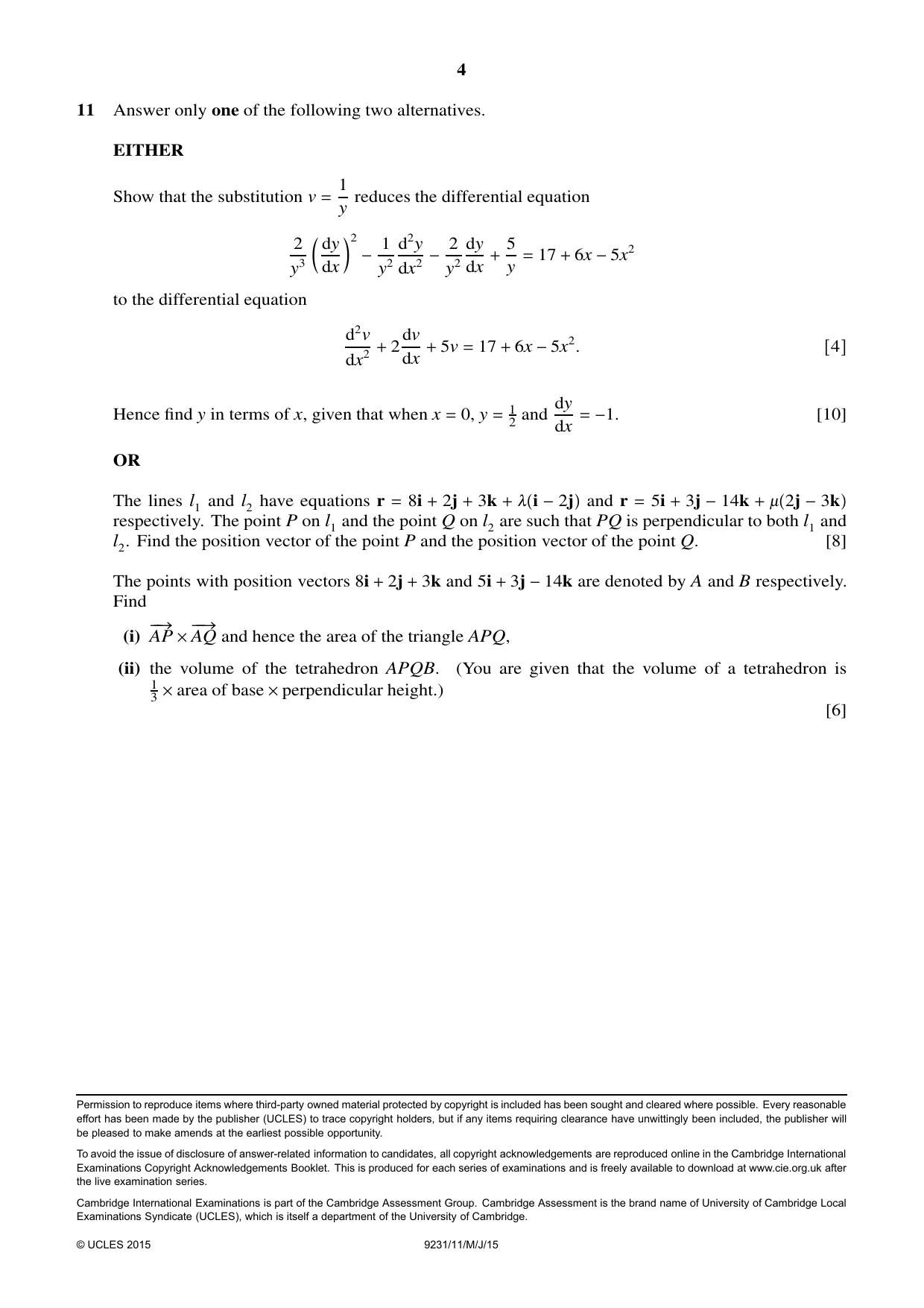 Cambridge A Level Mathematics - Further 9231 2015 May/June Paper 1 · Variant 1 question paper, page 4 of 4