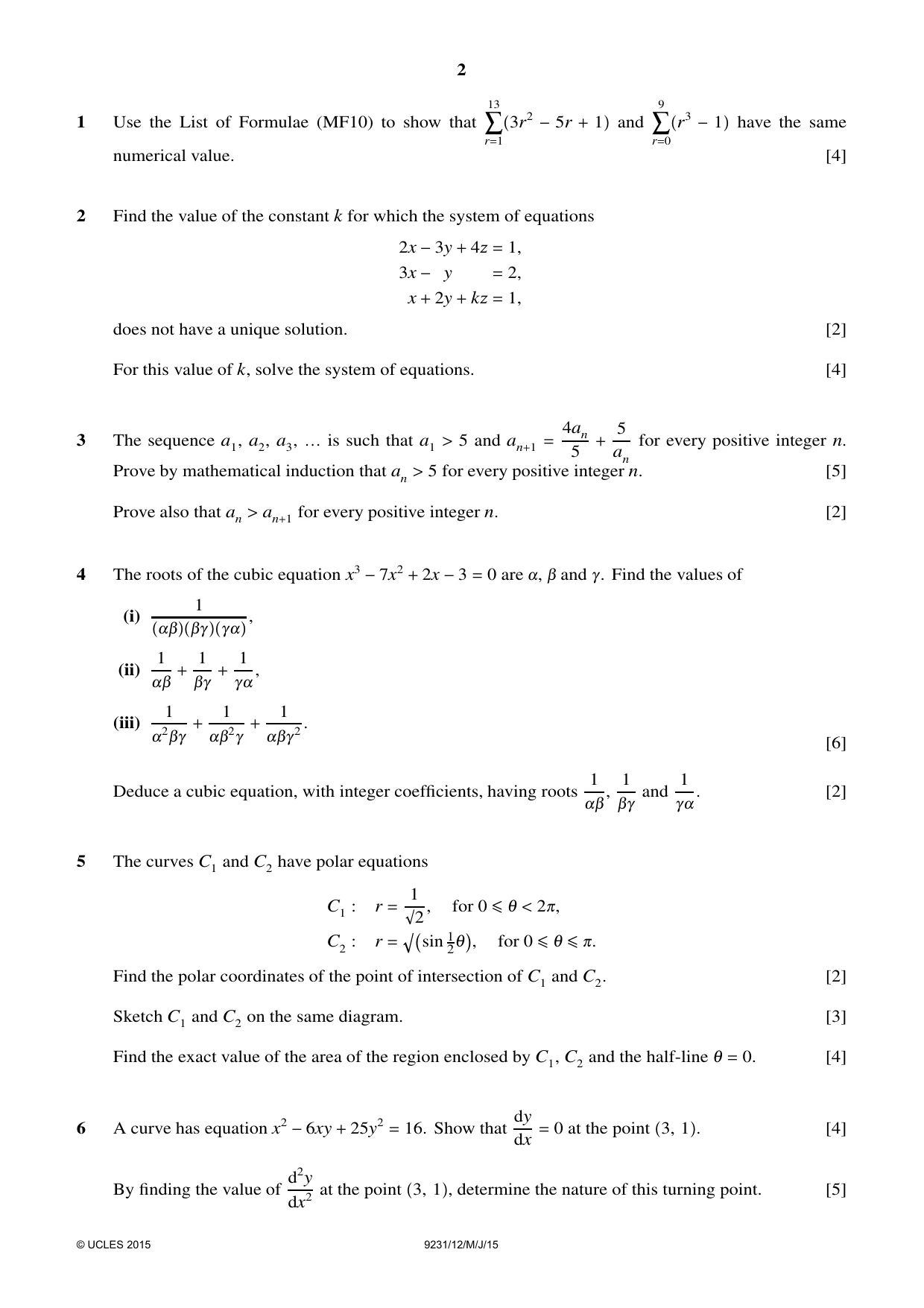Cambridge A Level Mathematics - Further 9231 2015 May/June Paper 1 · Variant 2 question paper, page 2 of 4