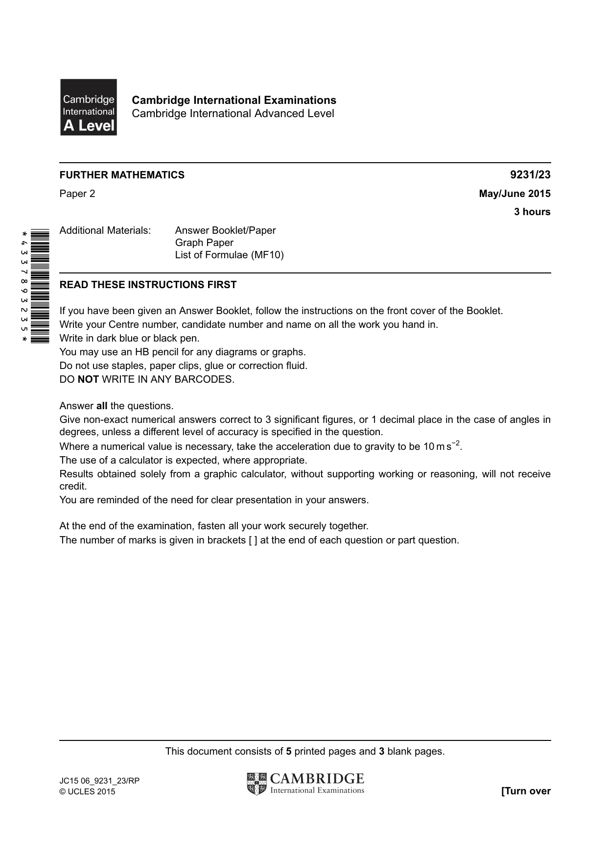 Cambridge A Level Mathematics - Further 9231 2015 May/June Paper 2 · Variant 3 question paper, page 1 of 8