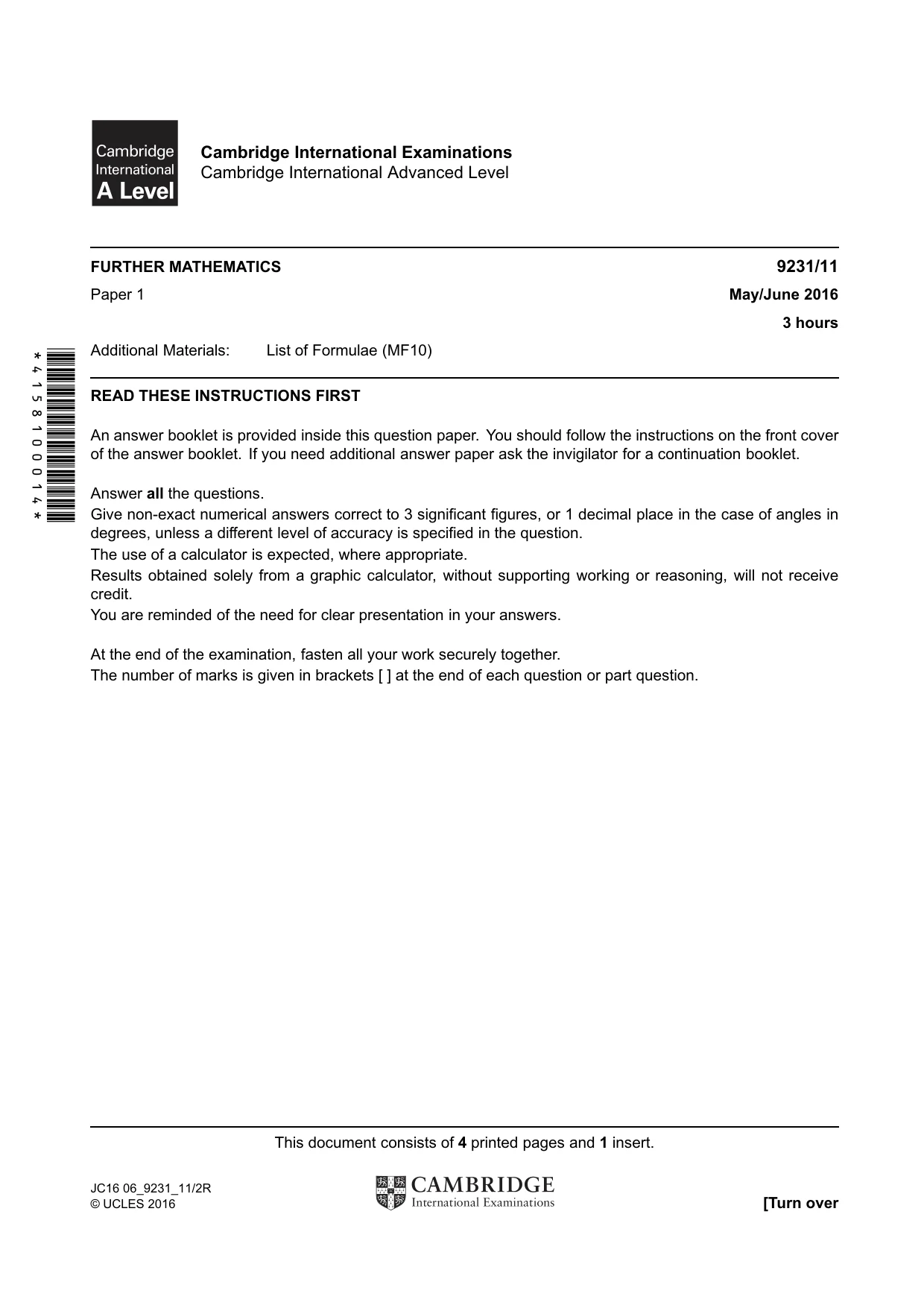 Cambridge A Level Mathematics - Further 9231 2016 May/June Paper 1 · Variant 1 question paper, page 1 of 4