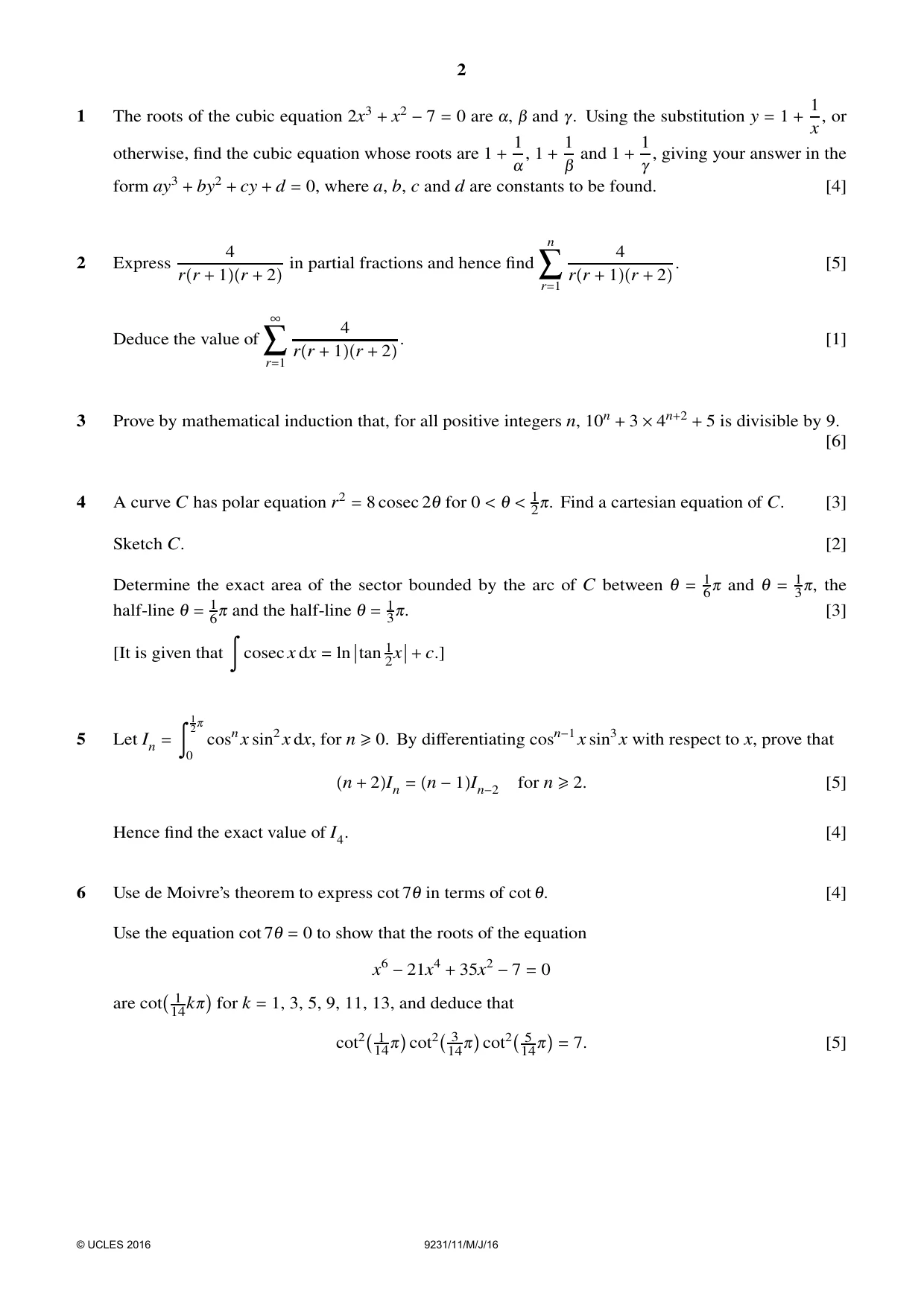 Cambridge A Level Mathematics - Further 9231 2016 May/June Paper 1 · Variant 1 question paper, page 2 of 4