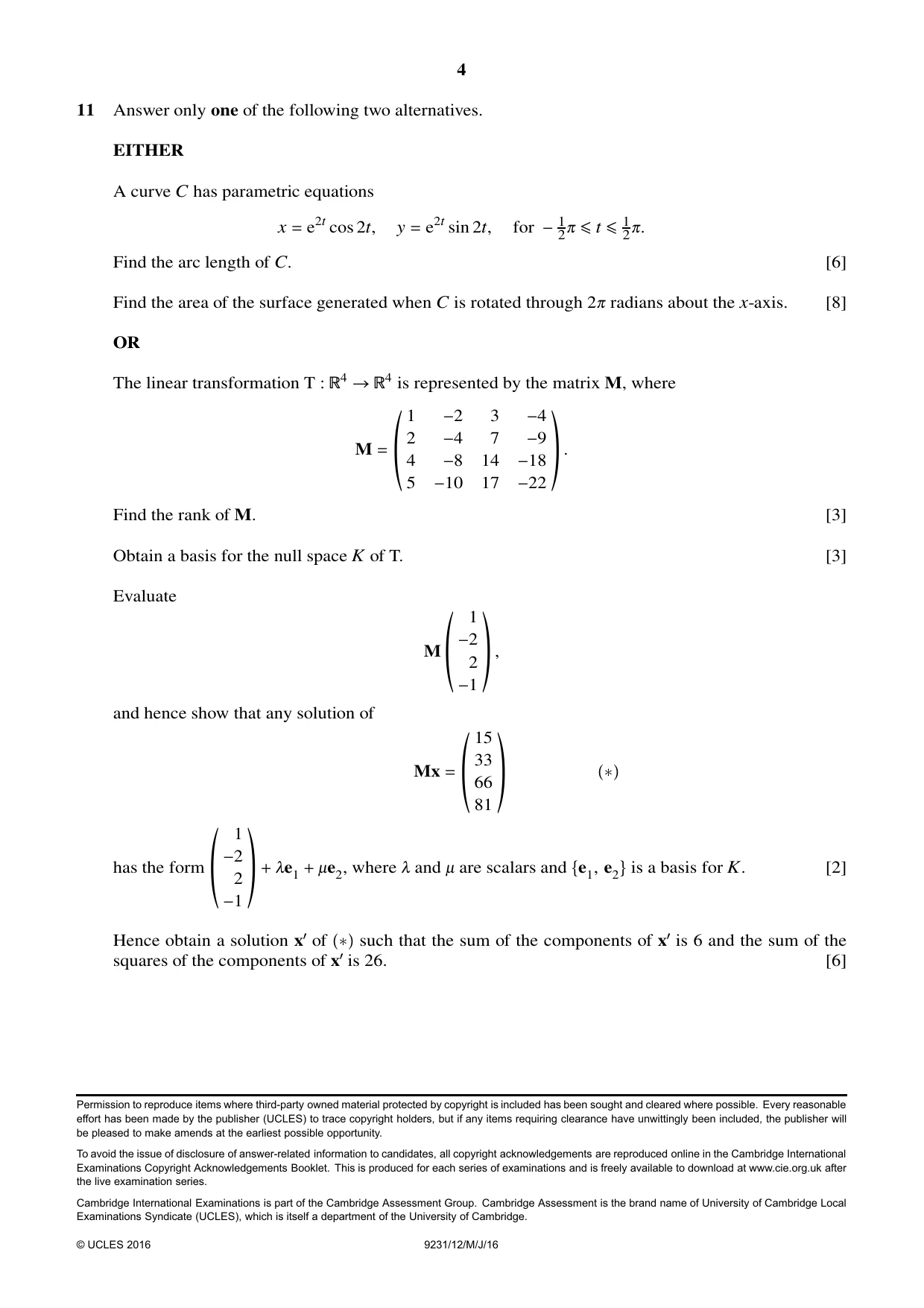 Cambridge A Level Mathematics - Further 9231 2016 May/June Paper 1 · Variant 2 question paper, page 4 of 4
