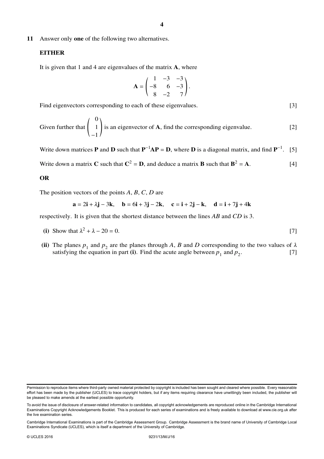 Cambridge A Level Mathematics - Further 9231 2016 May/June Paper 1 · Variant 3 question paper, page 4 of 4
