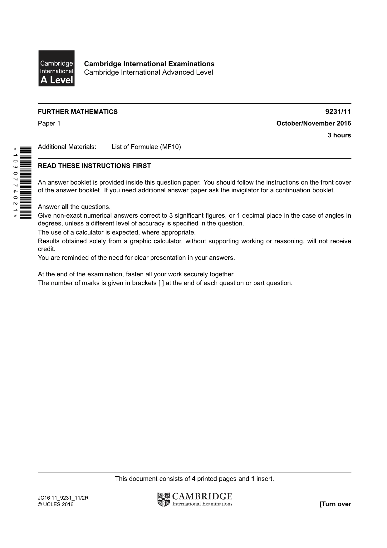 Cambridge A Level Mathematics - Further 9231 2016 Oct/Nov Paper 1 · Variant 1 question paper, page 1 of 4