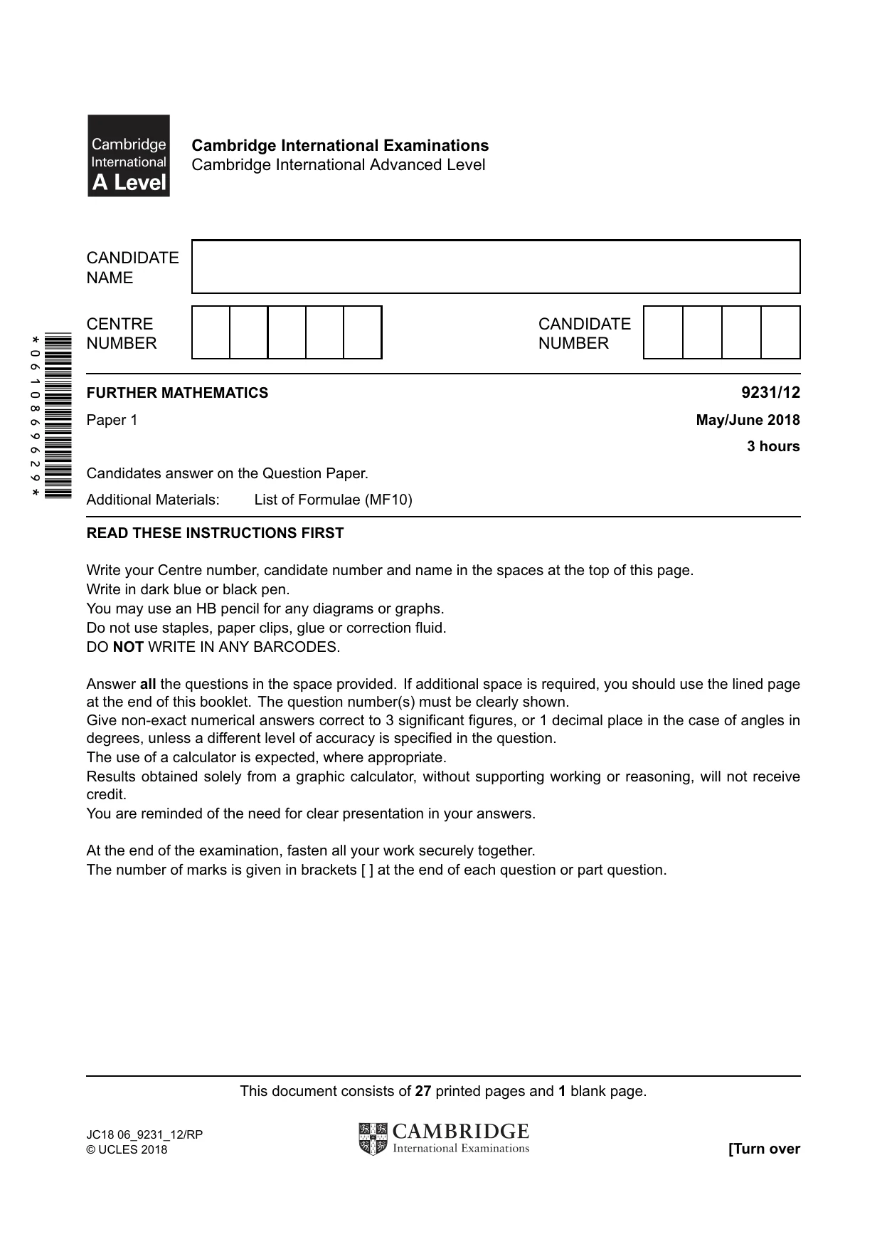 Cambridge A Level Mathematics - Further 9231 2018 May/June Paper 1 · Variant 2 question paper, page 1 of 28