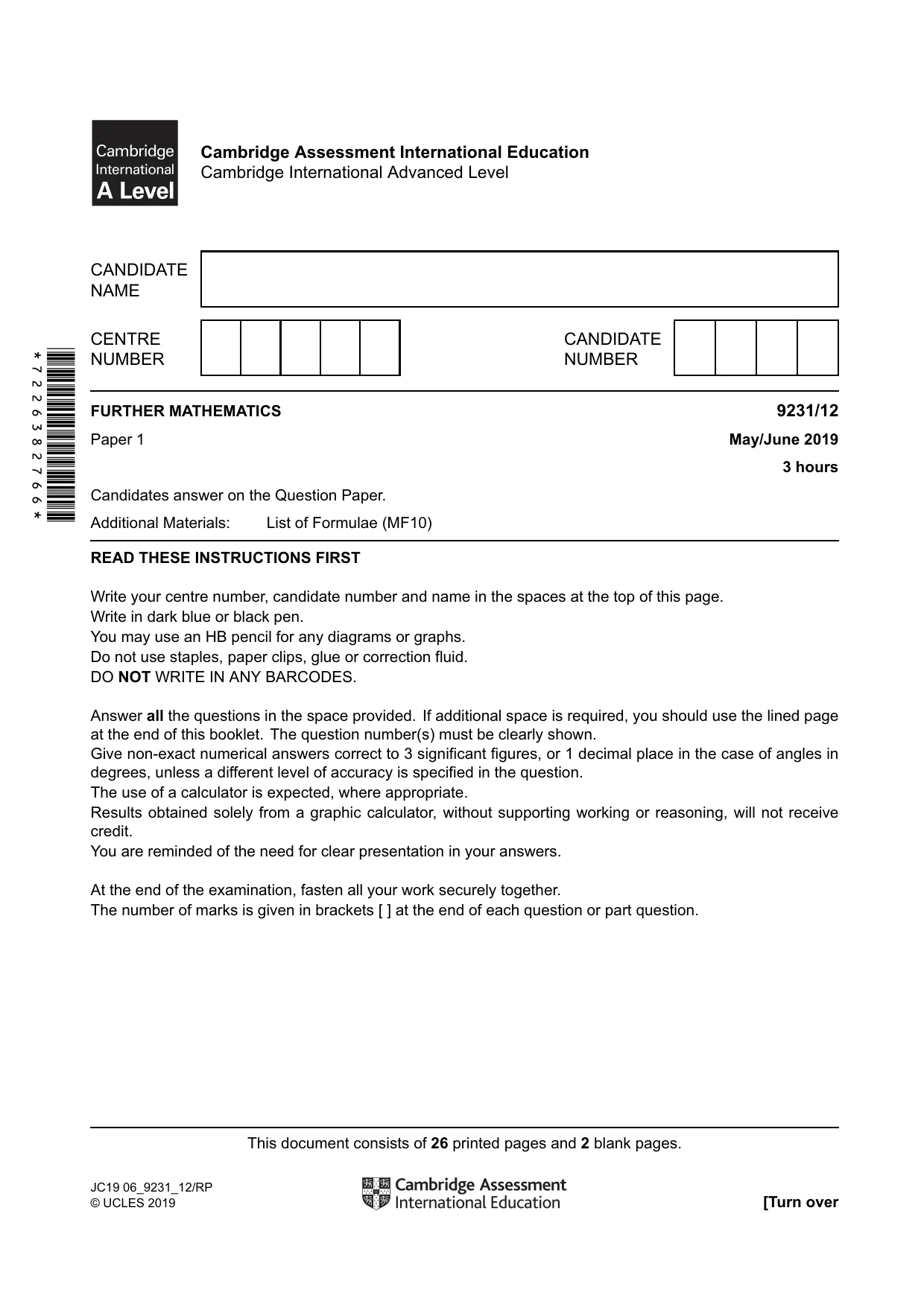 Cambridge A Level Mathematics - Further 9231 2019 May/June Paper 1 · Variant 2 question paper, page 1 of 28