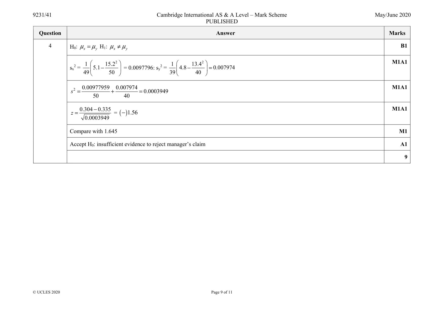 Mark scheme, page 9 of 11