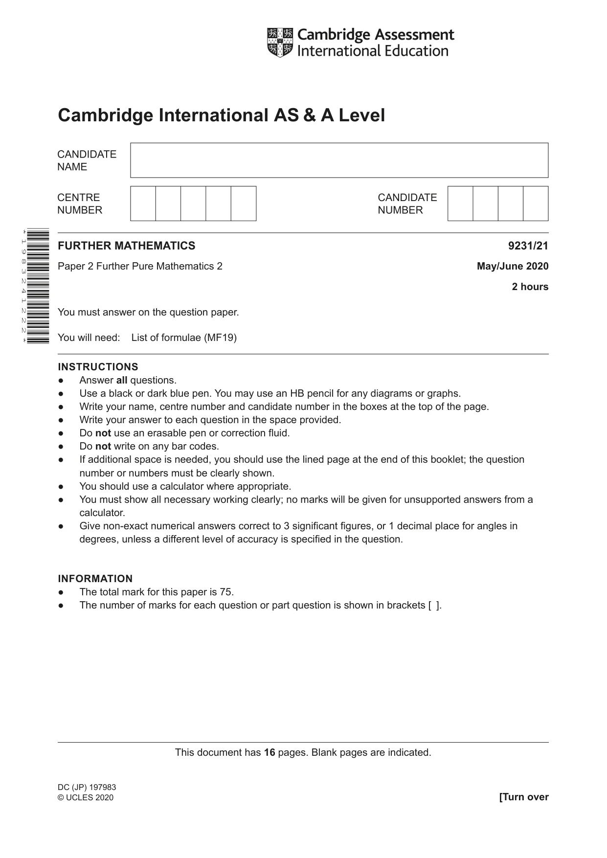 Cambridge A Level Mathematics - Further 9231 2020 May/June Paper 2 · Variant 1 question paper, page 1 of 16