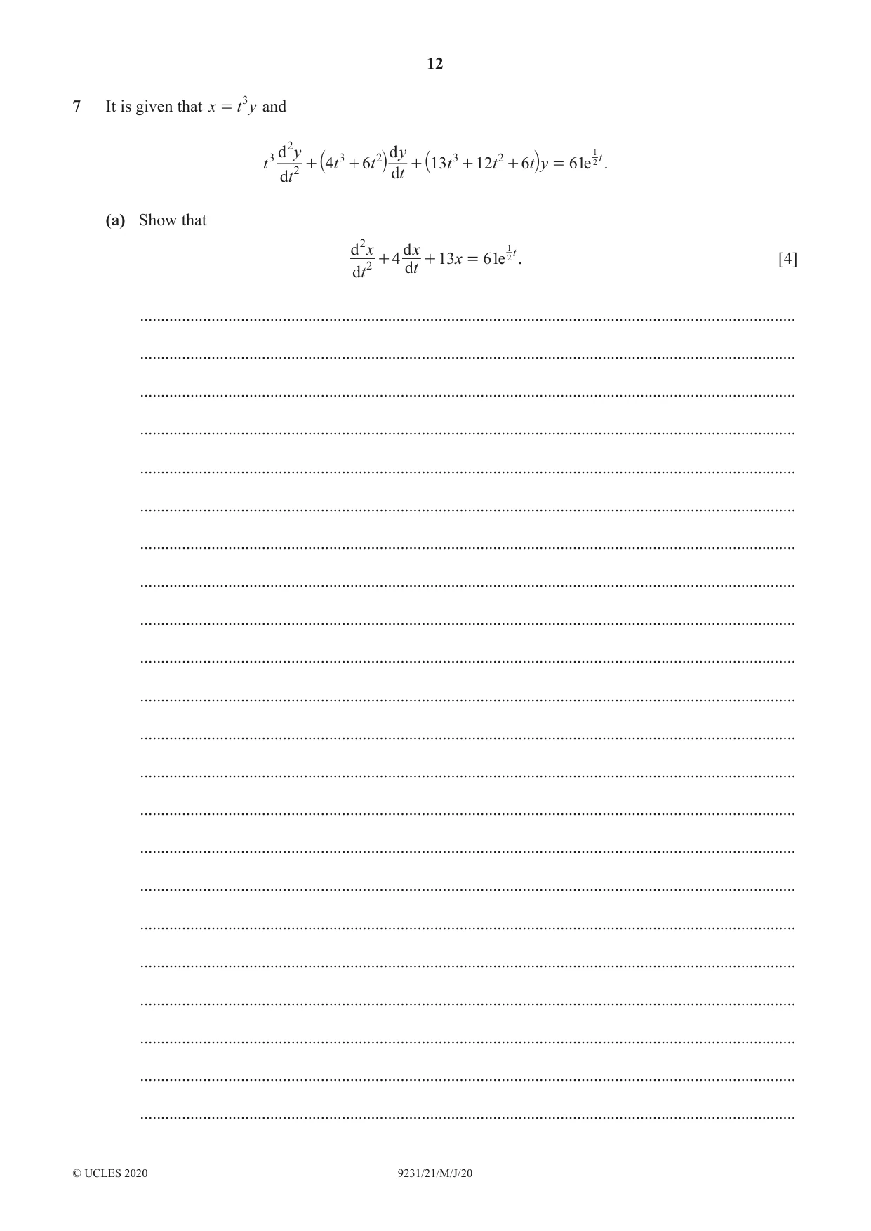 Cambridge A Level Mathematics - Further 9231 2020 May/June Paper 2 · Variant 1 question paper, page 12 of 16
