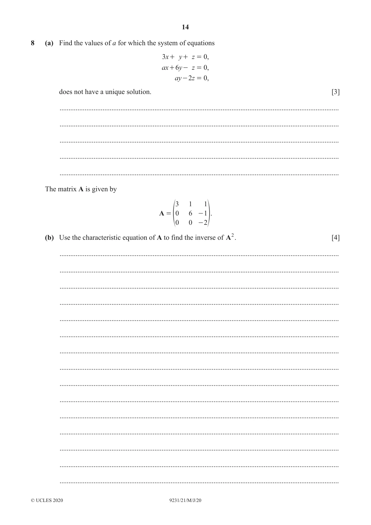 Cambridge A Level Mathematics - Further 9231 2020 May/June Paper 2 · Variant 1 question paper, page 14 of 16