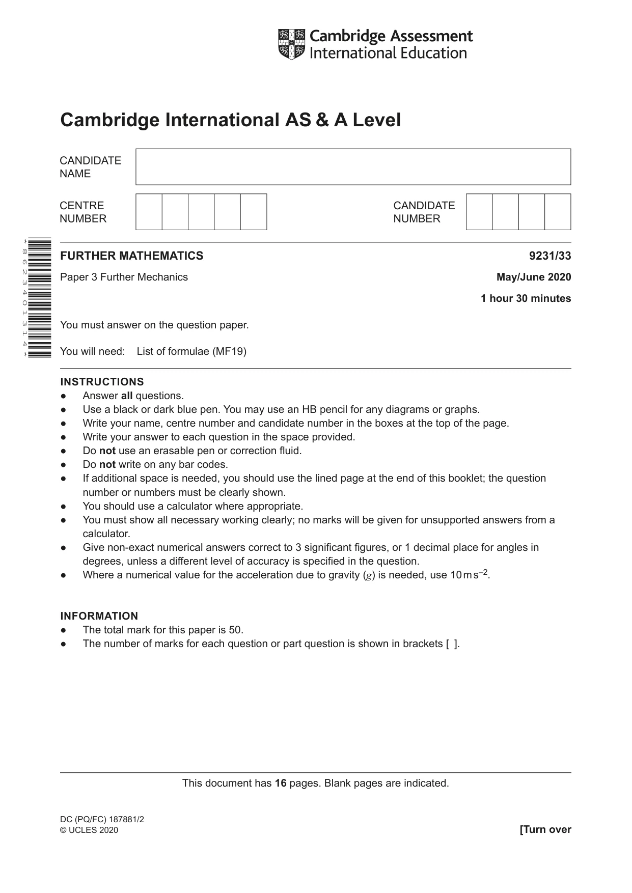 Cambridge A Level Mathematics - Further 9231 2020 May/June Paper 3 · Variant 3 question paper, page 1 of 16