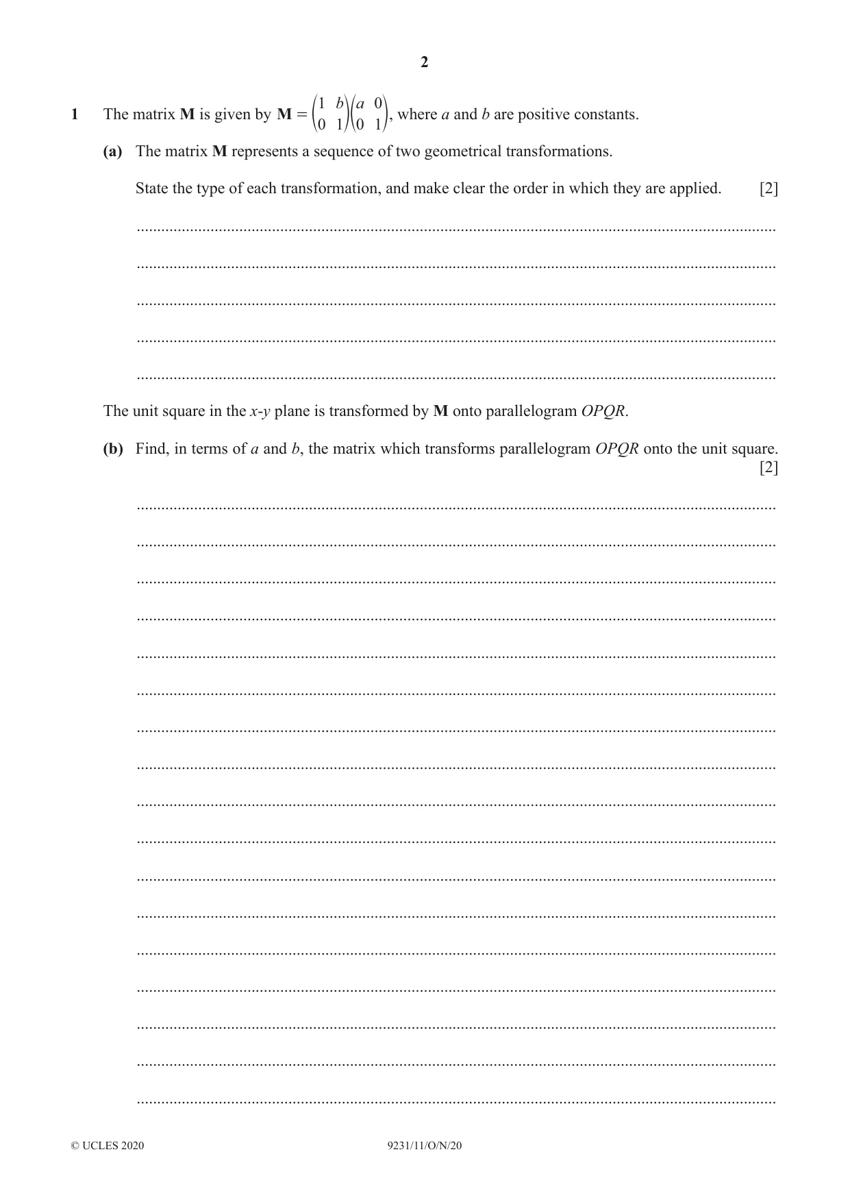 Cambridge A Level Mathematics - Further 9231 2020 Oct/Nov Paper 1 · Variant 1 question paper, page 2 of 20