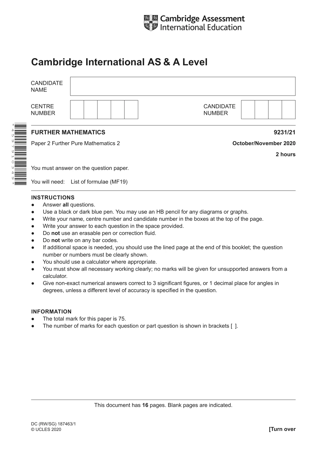 Cambridge A Level Mathematics - Further 9231 2020 Oct/Nov Paper 2 · Variant 1 question paper, page 1 of 16