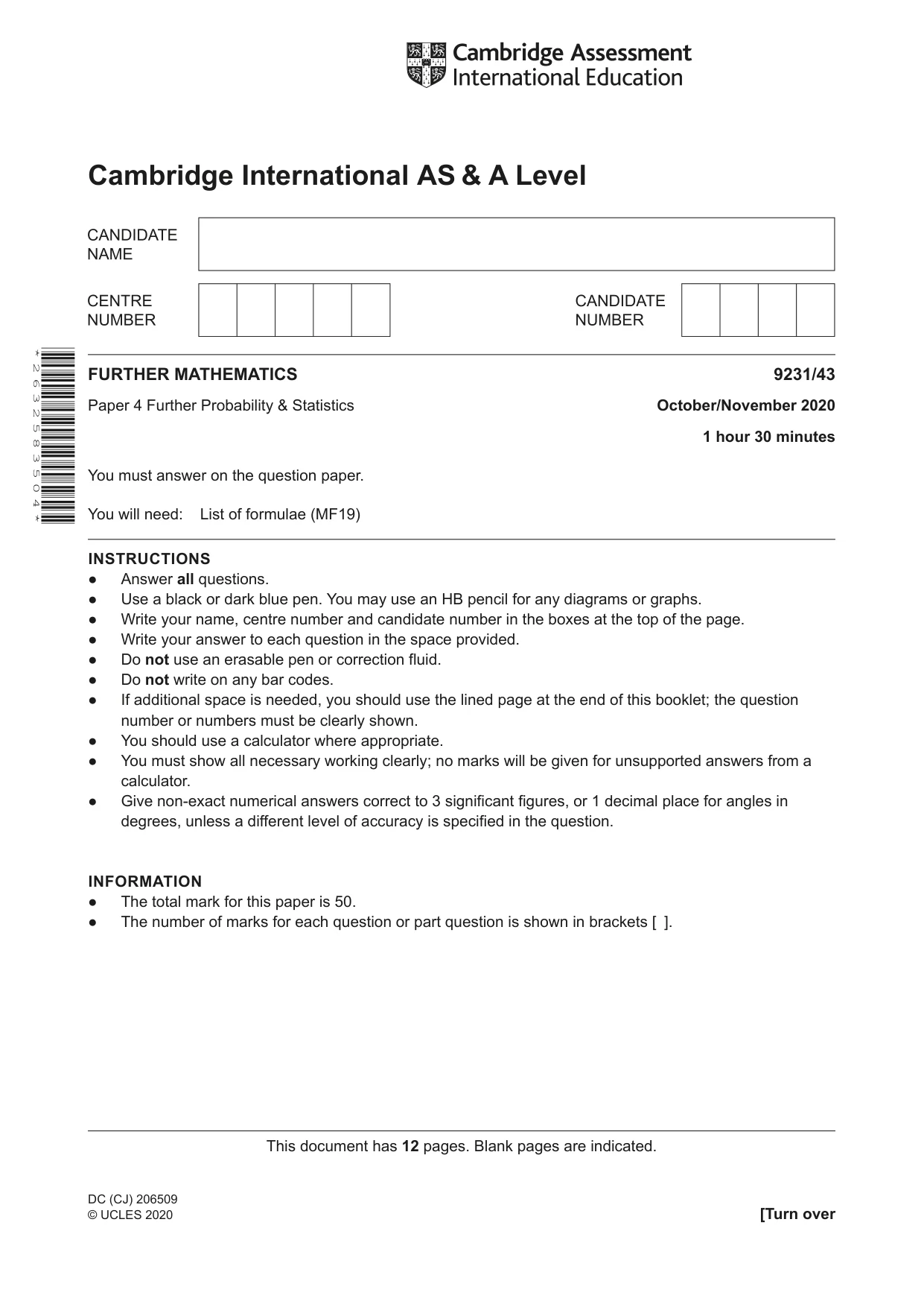 Cambridge A Level Mathematics - Further 9231 2020 Oct/Nov Paper 4 · Variant 3 question paper, page 1 of 12