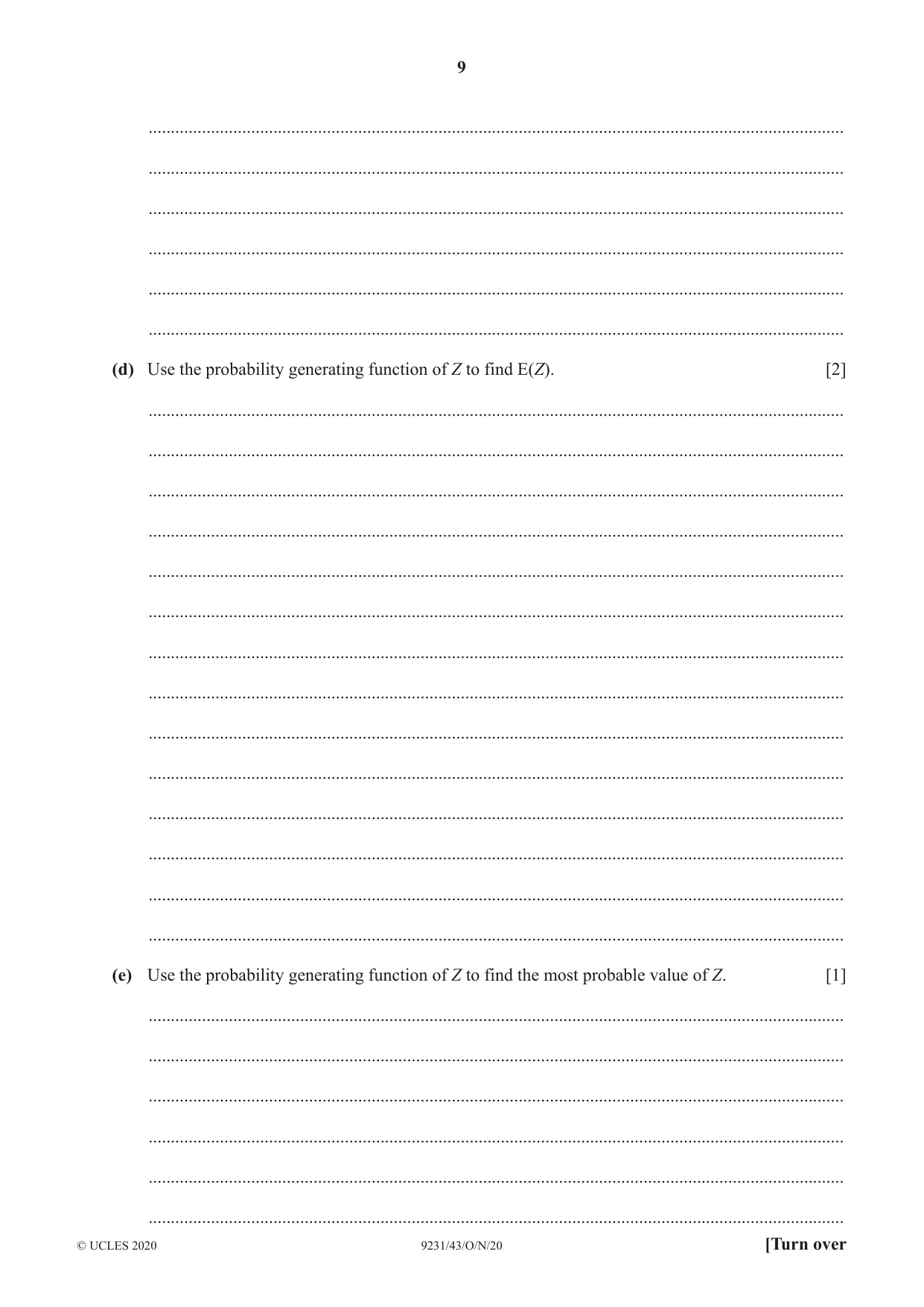 Cambridge A Level Mathematics - Further 9231 2020 Oct/Nov Paper 4 · Variant 3 question paper, page 9 of 12
