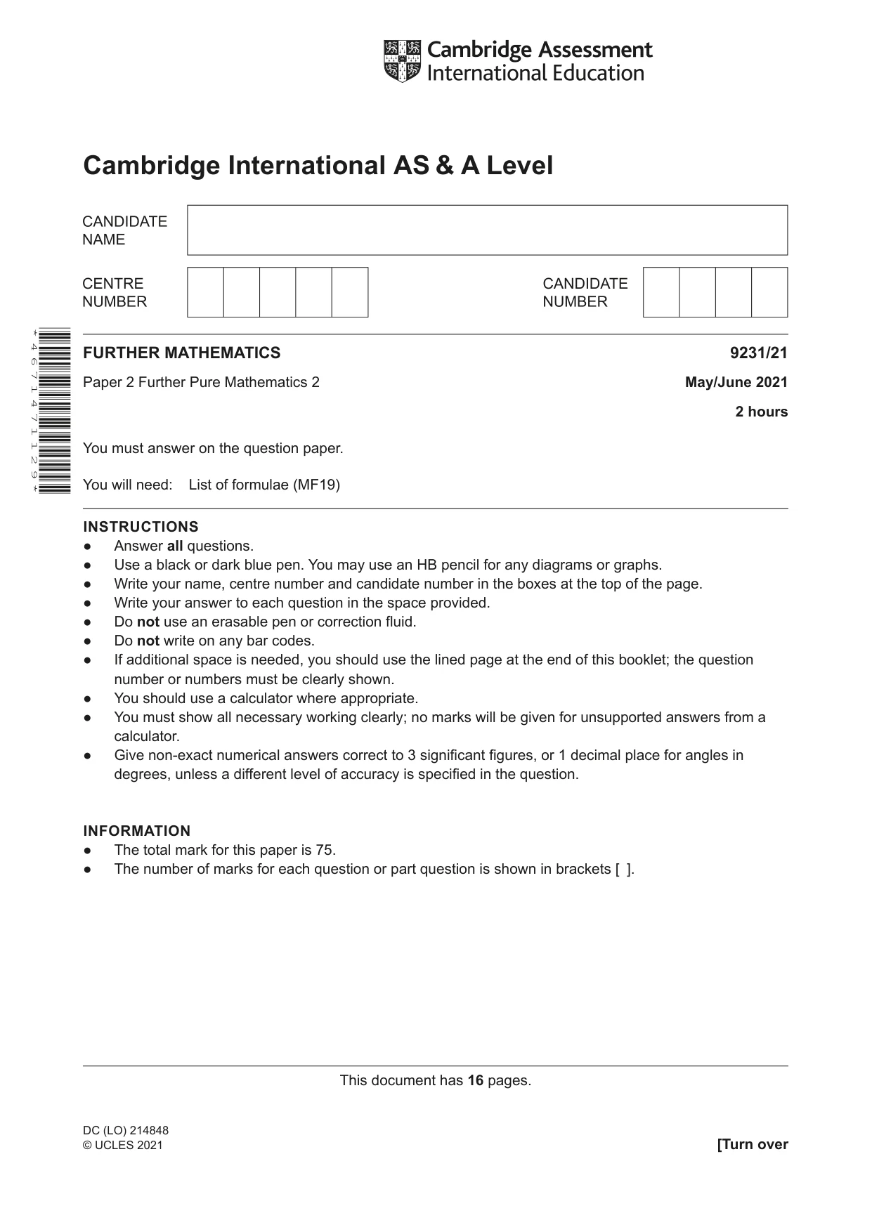 Cambridge A Level Mathematics - Further 9231 2021 May/June Paper 2 · Variant 1 question paper, page 1 of 16