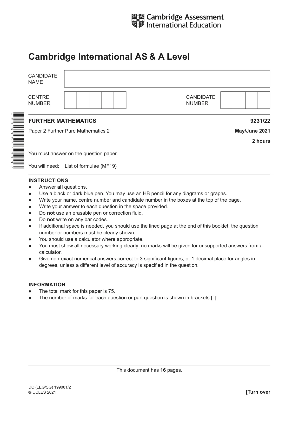 Cambridge A Level Mathematics - Further 9231 2021 May/June Paper 2 · Variant 2 question paper, page 1 of 16