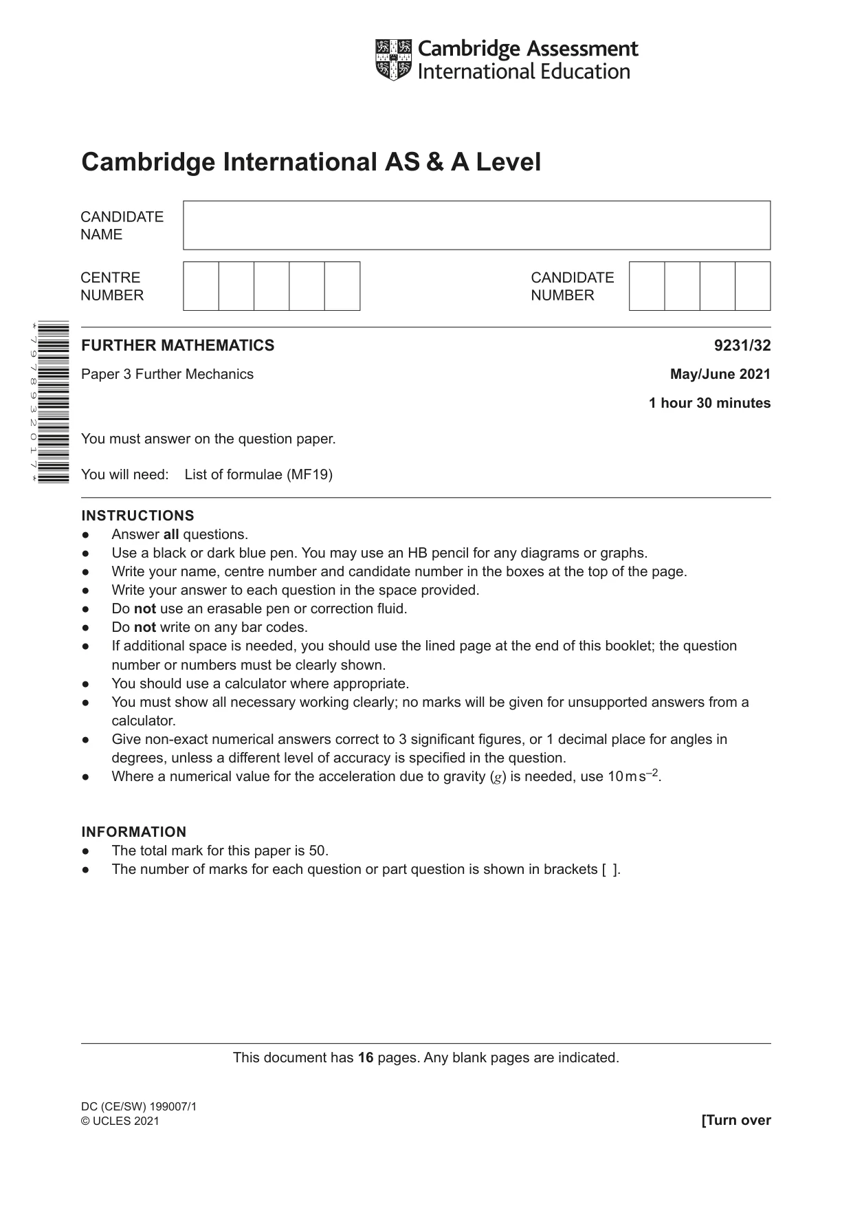 Cambridge A Level Mathematics - Further 9231 2021 May/June Paper 3 · Variant 2 question paper, page 1 of 16
