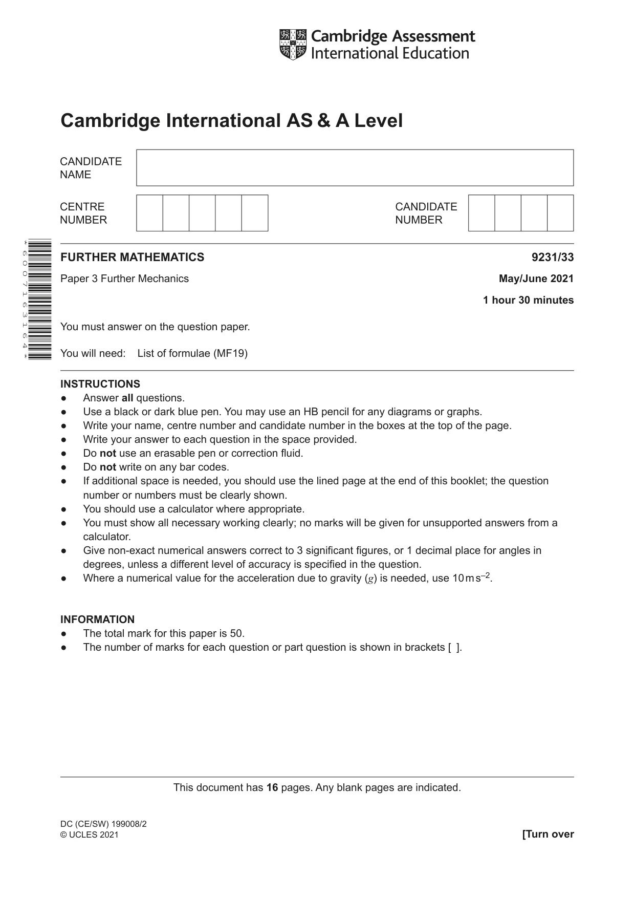 Cambridge A Level Mathematics - Further 9231 2021 May/June Paper 3 · Variant 3 question paper, page 1 of 16
