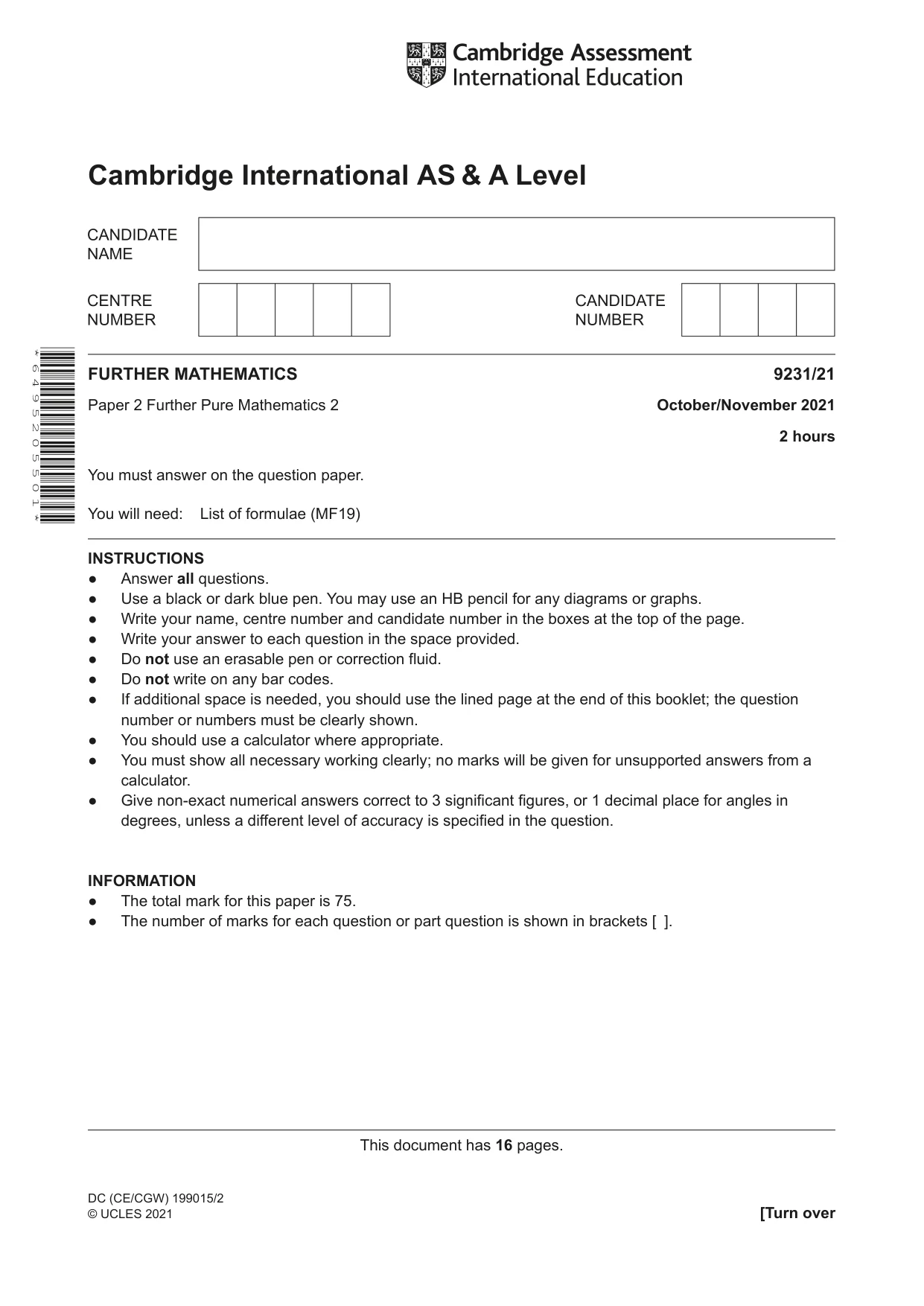 Cambridge A Level Mathematics - Further 9231 2021 Oct/Nov Paper 2 · Variant 1 question paper, page 1 of 16