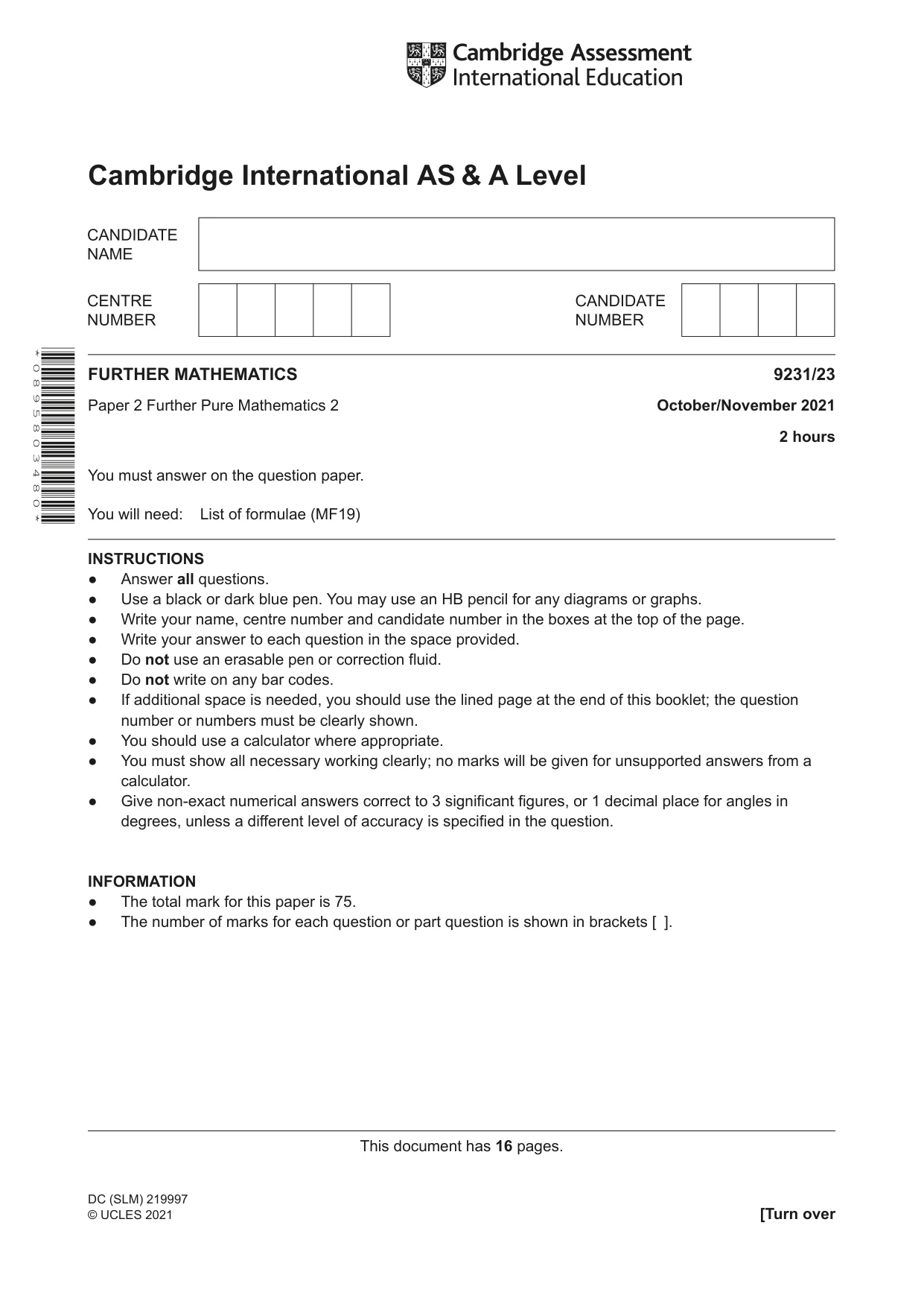 Cambridge A Level Mathematics - Further 9231 2021 Oct/Nov Paper 2 · Variant 3 question paper, page 1 of 16