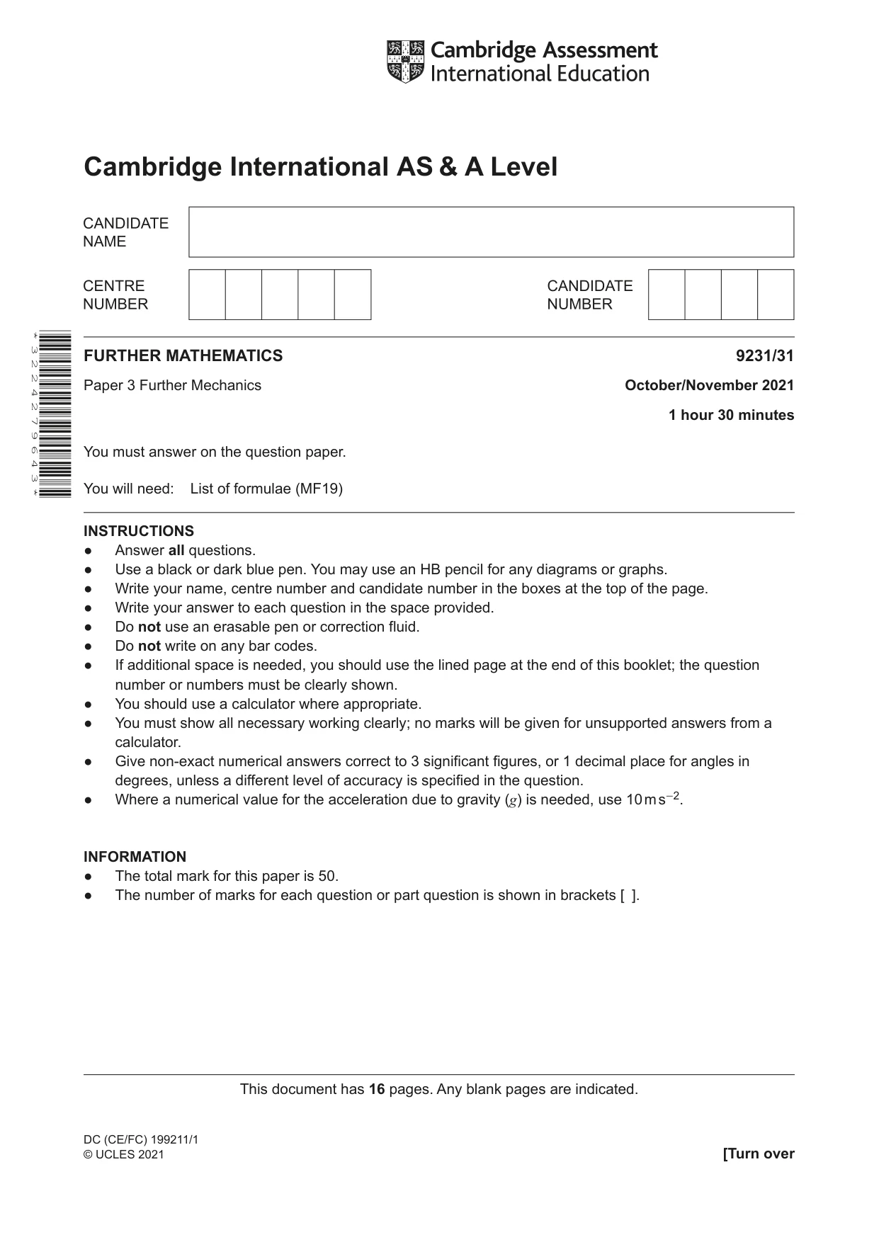 Cambridge A Level Mathematics - Further 9231 2021 Oct/Nov Paper 3 · Variant 1 question paper, page 1 of 16