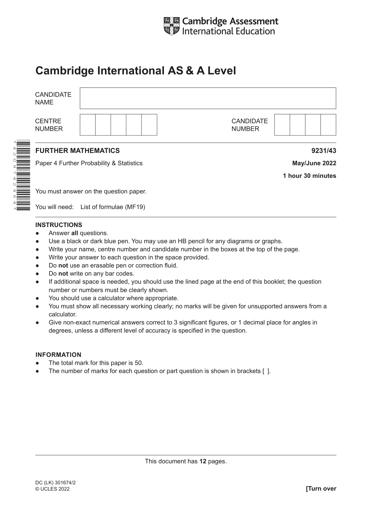 Cambridge A Level Mathematics - Further 9231 2022 May/June Paper 4 · Variant 3 question paper, page 1 of 12
