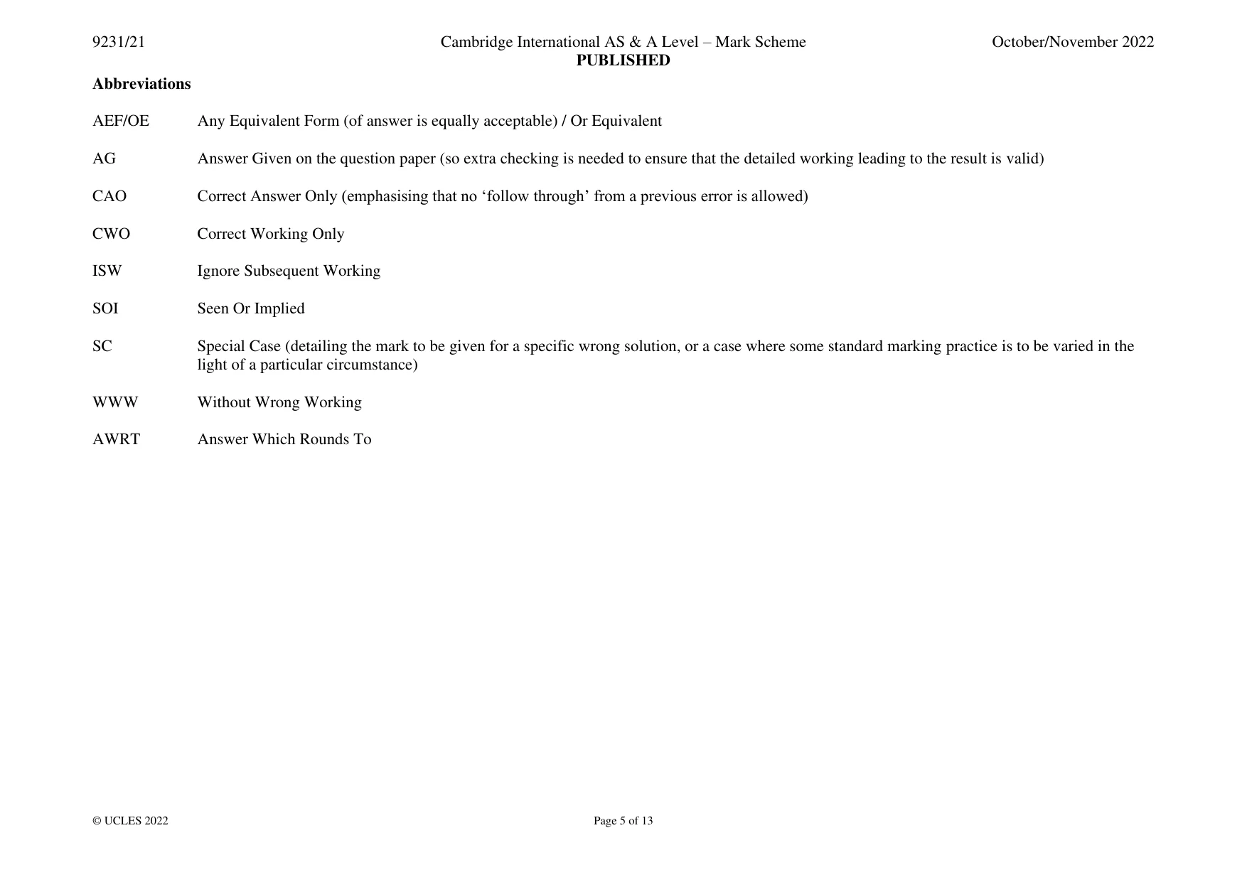 Mark scheme, page 5 of 13