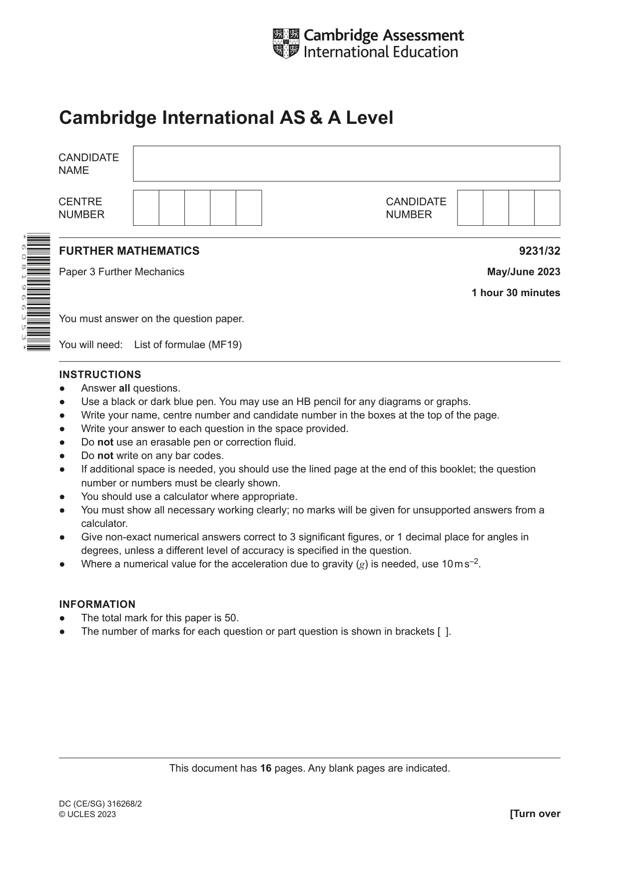 Cambridge A Level Mathematics - Further 9231 2023 May/June Paper 3 · Variant 2 question paper, page 1 of 16