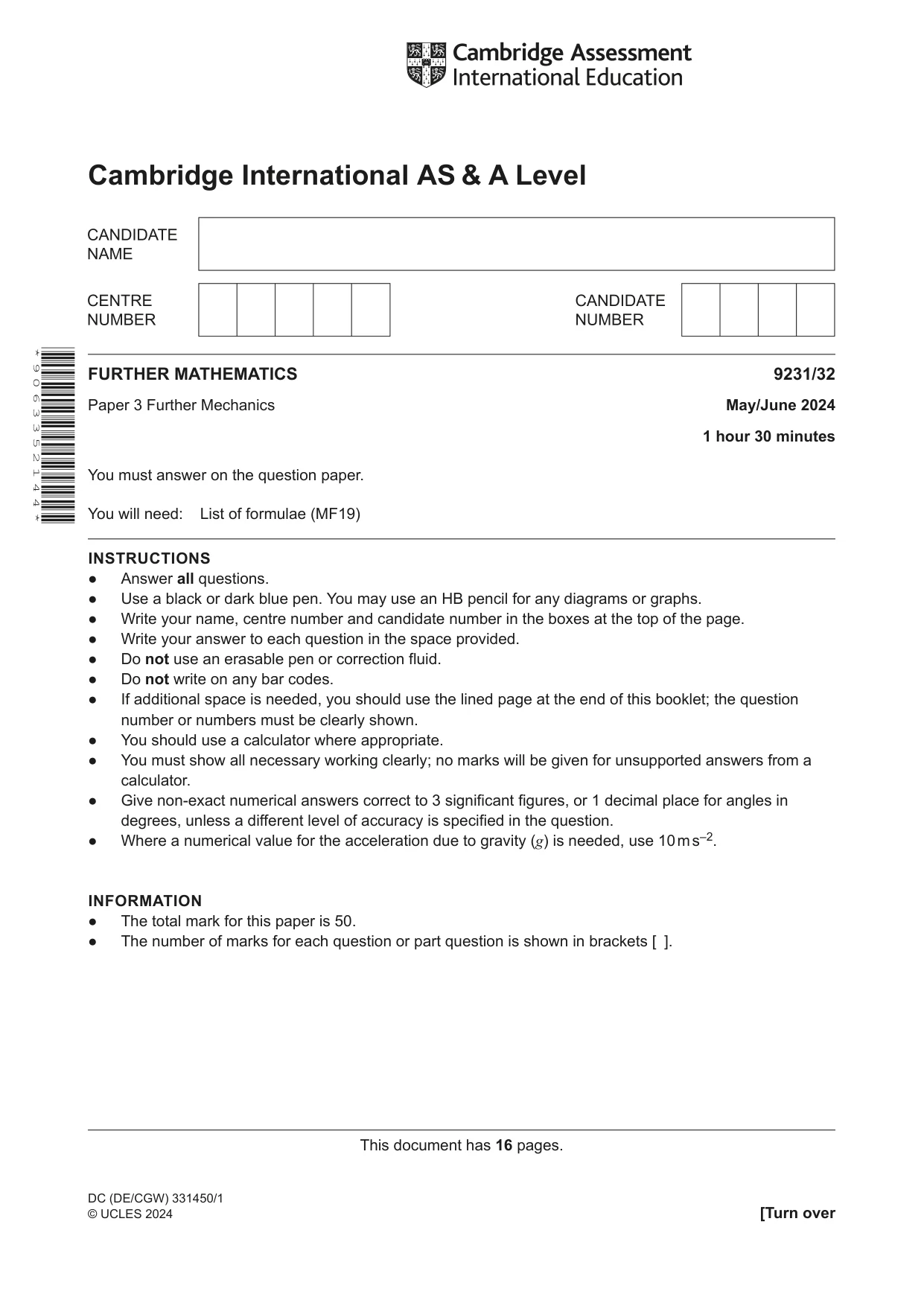 Cambridge A Level Mathematics - Further 9231 2024 May/June Paper 3 · Variant 2 question paper, page 1 of 16