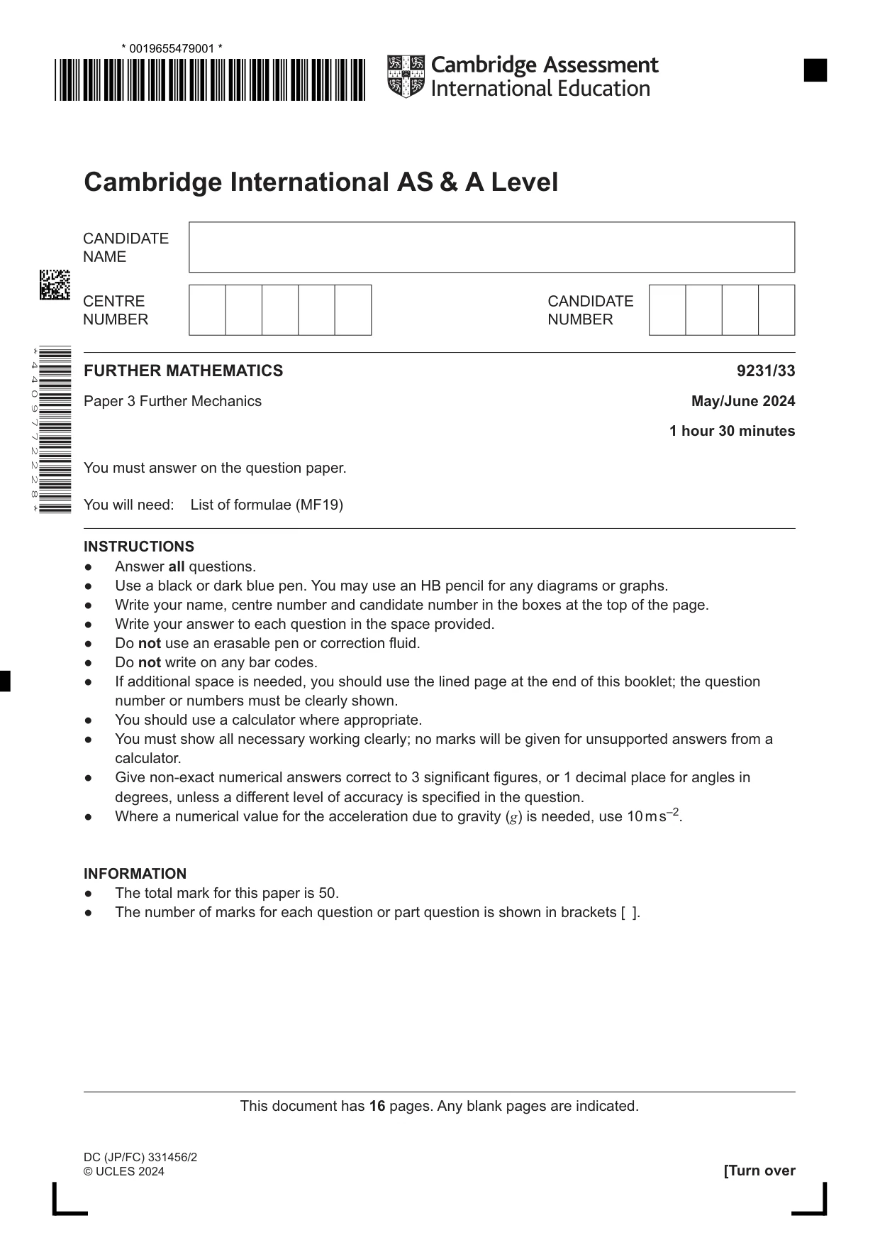 Cambridge A Level Mathematics - Further 9231 2024 May/June Paper 3 · Variant 3 question paper, page 1 of 16