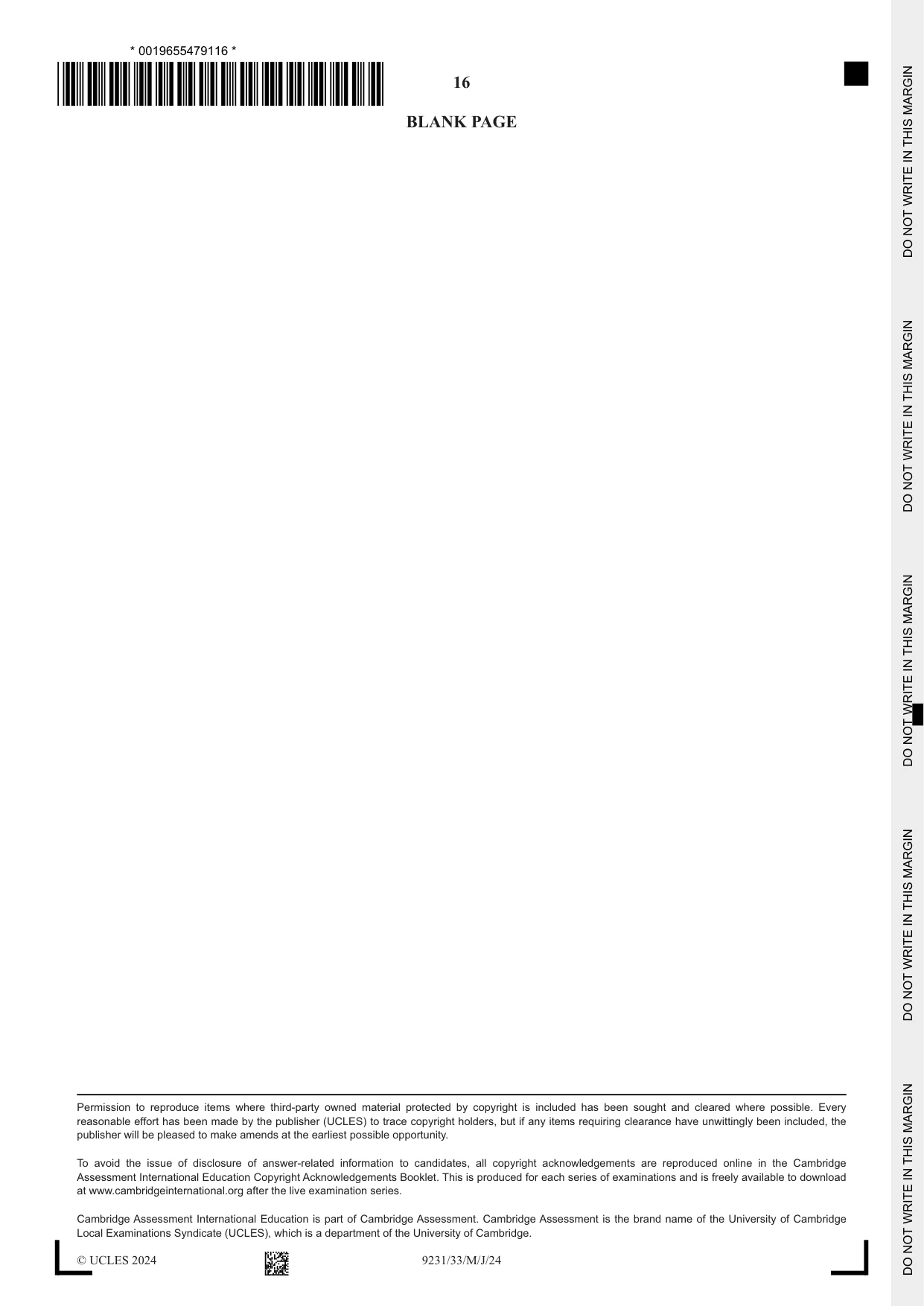 Cambridge A Level Mathematics - Further 9231 2024 May/June Paper 3 · Variant 3 question paper, page 16 of 16