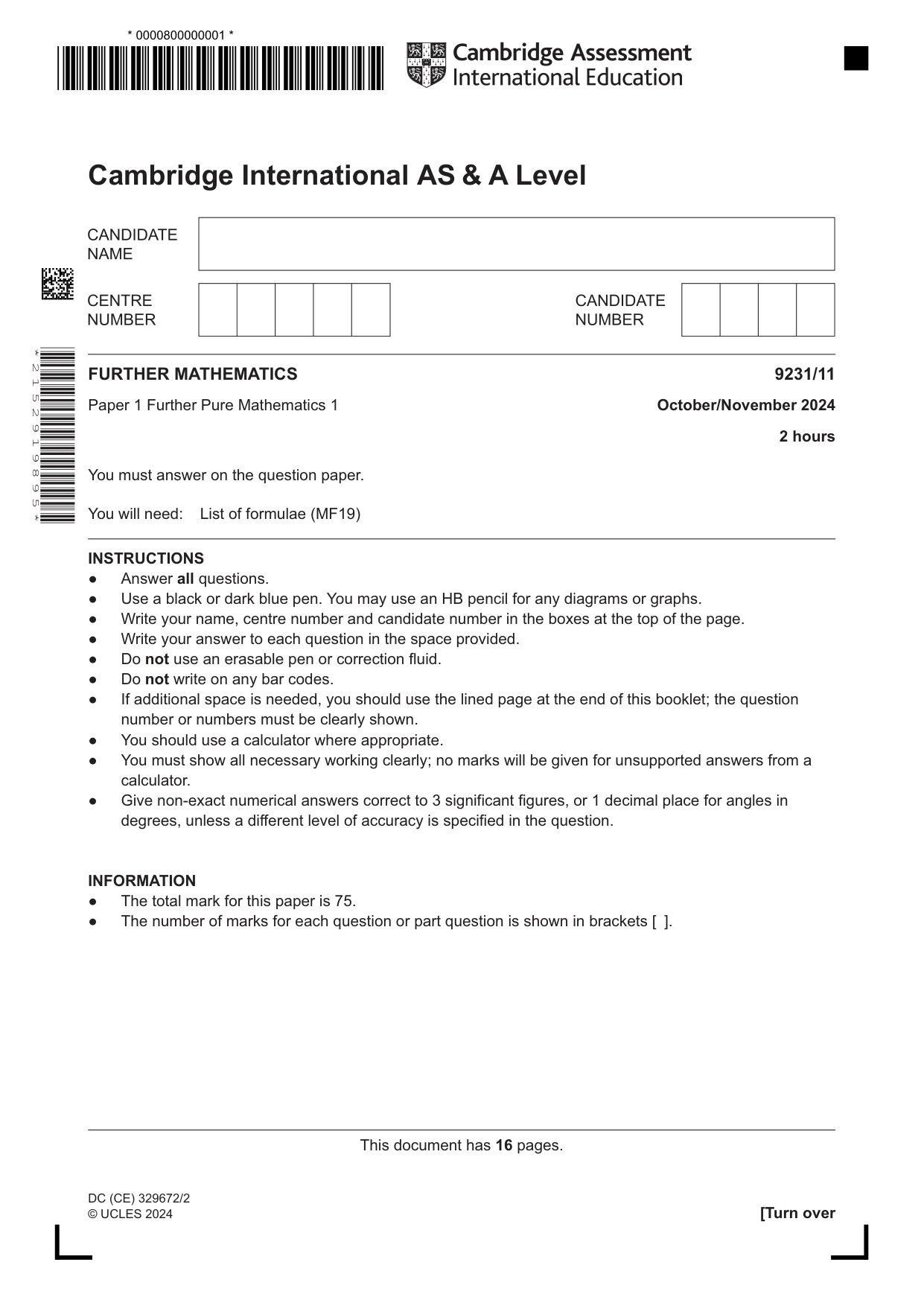 Cambridge A Level Mathematics - Further 9231 2024 Oct/Nov Paper 1 · Variant 1 question paper, page 1 of 16