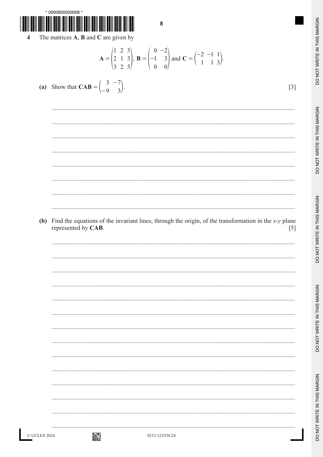 Cambridge A Level Mathematics - Further 9231 2024 Oct/Nov Paper 1 · Variant 2 question paper, page 8 of 20