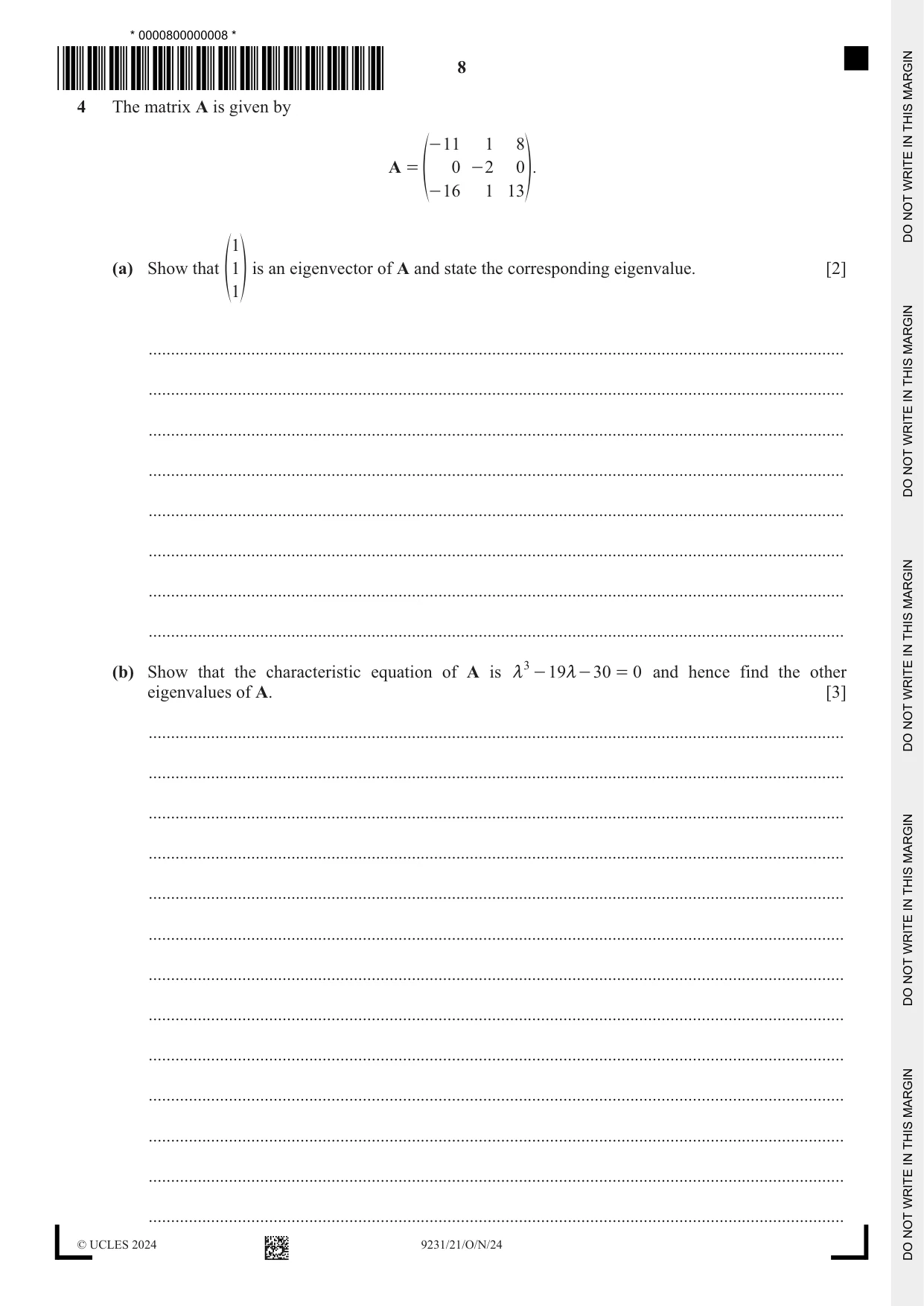 Cambridge A Level Mathematics - Further 9231 2024 Oct/Nov Paper 2 · Variant 1 question paper, page 8 of 20
