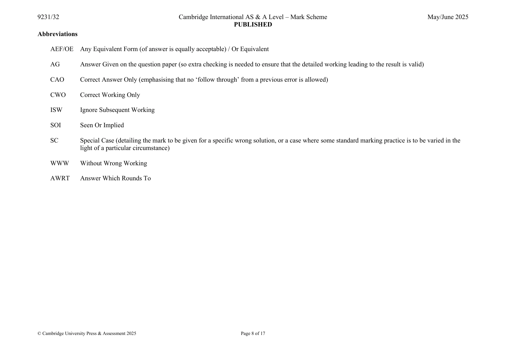 Mark scheme, page 8 of 17